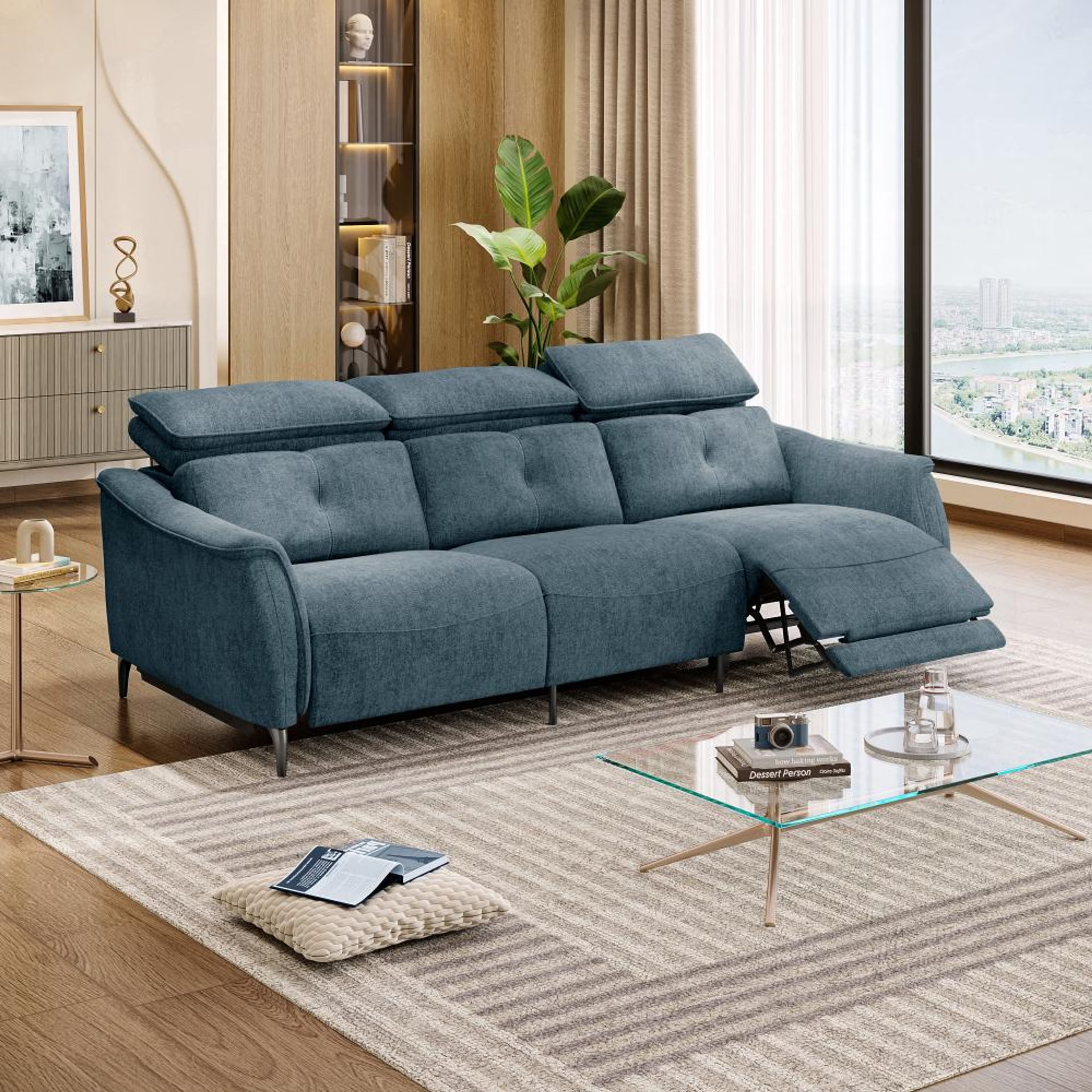 Wakefit Curacao Sofa With Motion - Three Seater Regular, With Motion, Three Seater with Right Motion, Blue