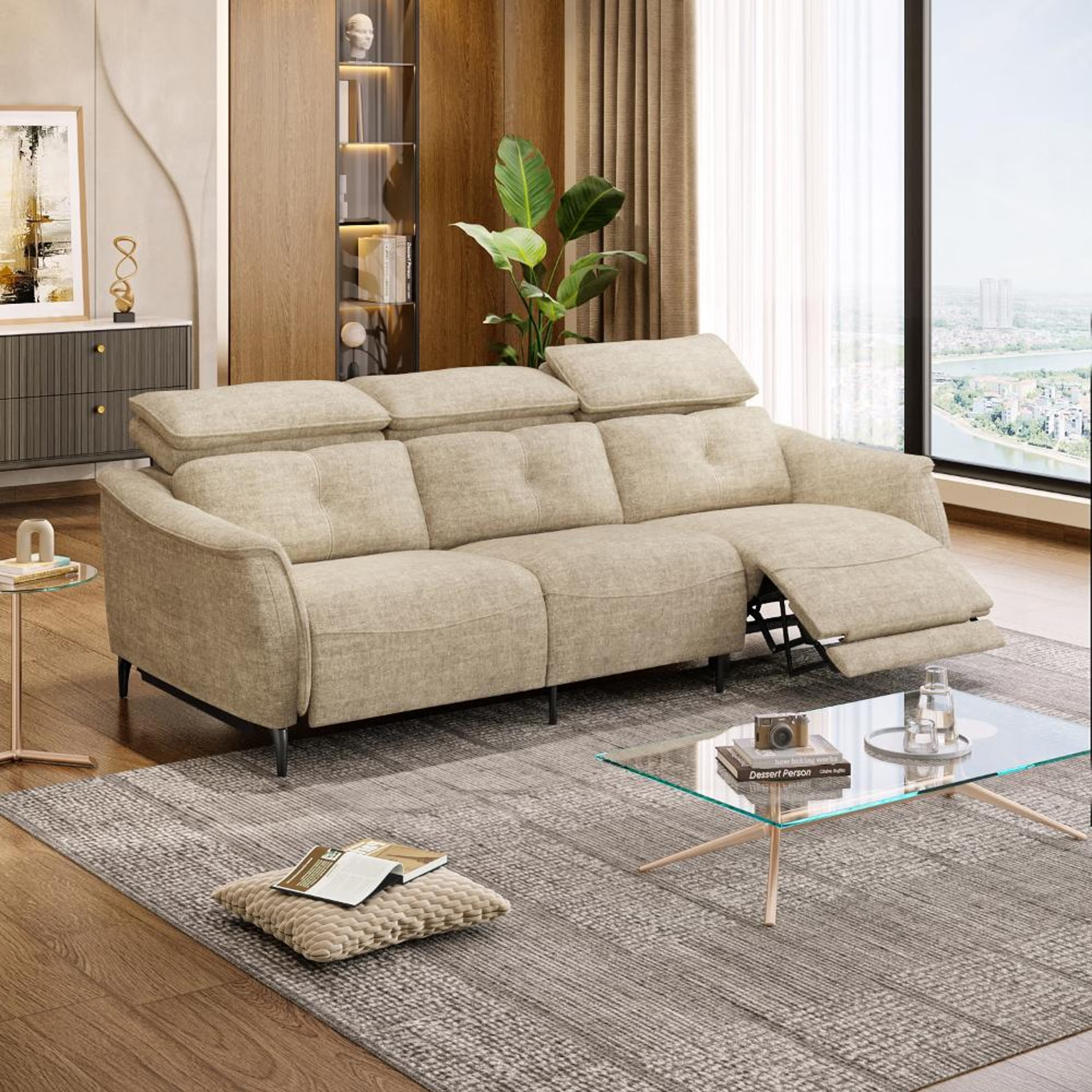 Wakefit Curacao Sofa With Motion - Three Seater Regular, With Motion, Three Seater with Right Motion, Beige