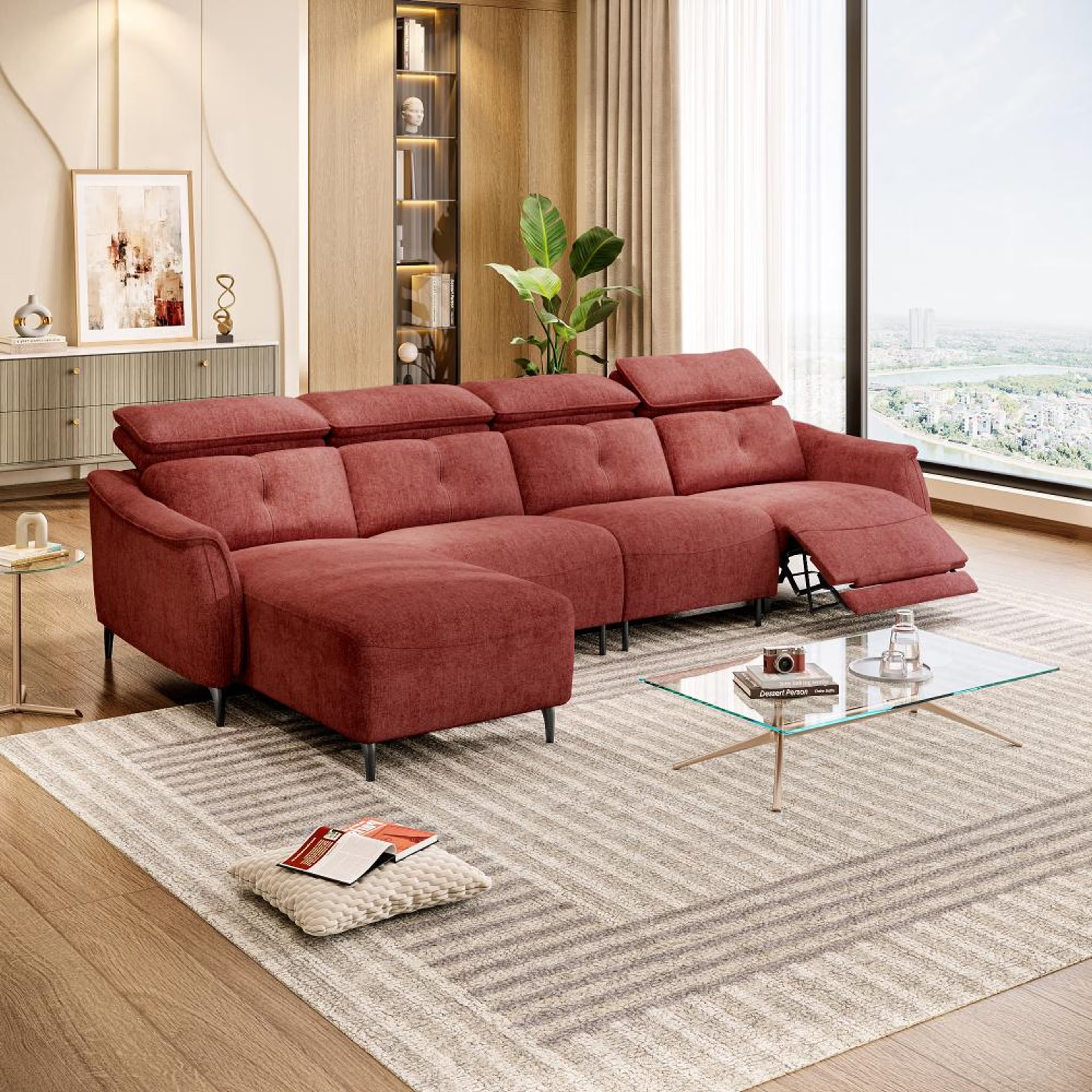 Home 40 Wakefit Curacao L Shape Sofa Set With Motion (3 Seater + Left Aligned Chaise) Sectional, With Motion, Set (3 Seater + Left Aligned Chaise), Maroon