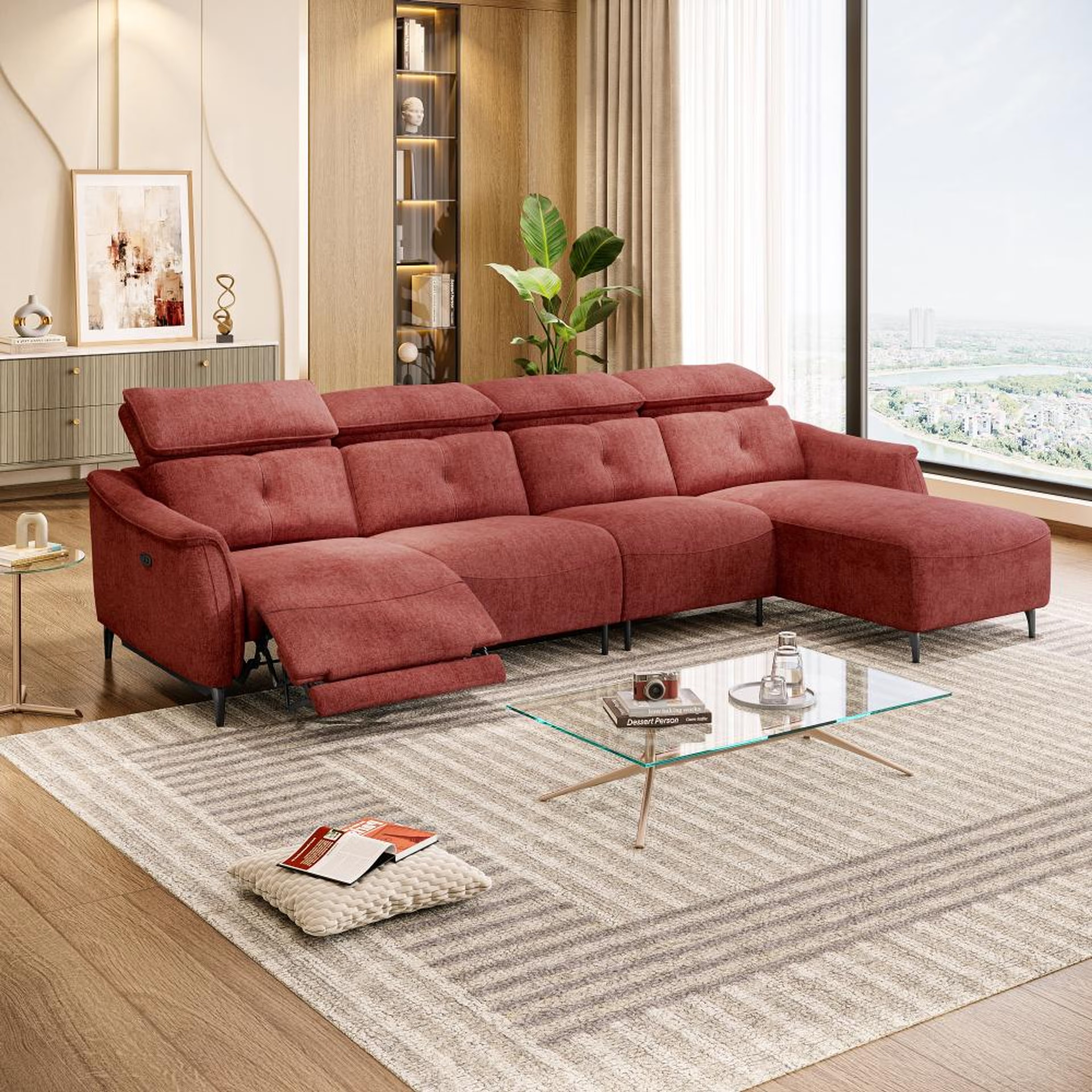 Wakefit Curacao L Shape Sofa Set With Motion (3 Seater + Right Aligned Chaise) Sectional, With Motion, Set (3 Seater + Right Aligned Chaise), Maroon