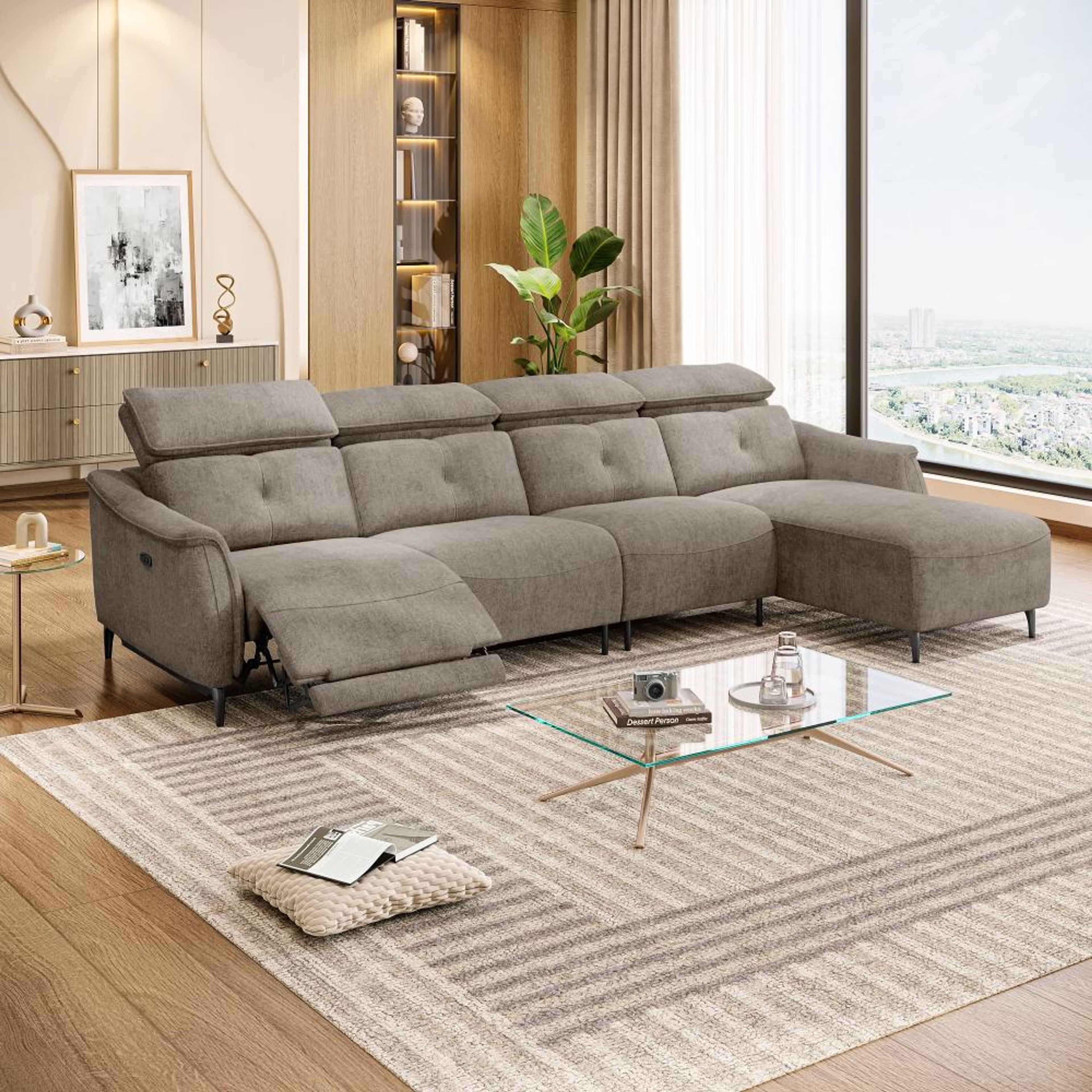 Wakefit Curacao L Shape Sofa Set With Motion (3 Seater + Right Aligned Chaise) Sectional, With Motion, Set (3 Seater + Right Aligned Chaise), Taupe