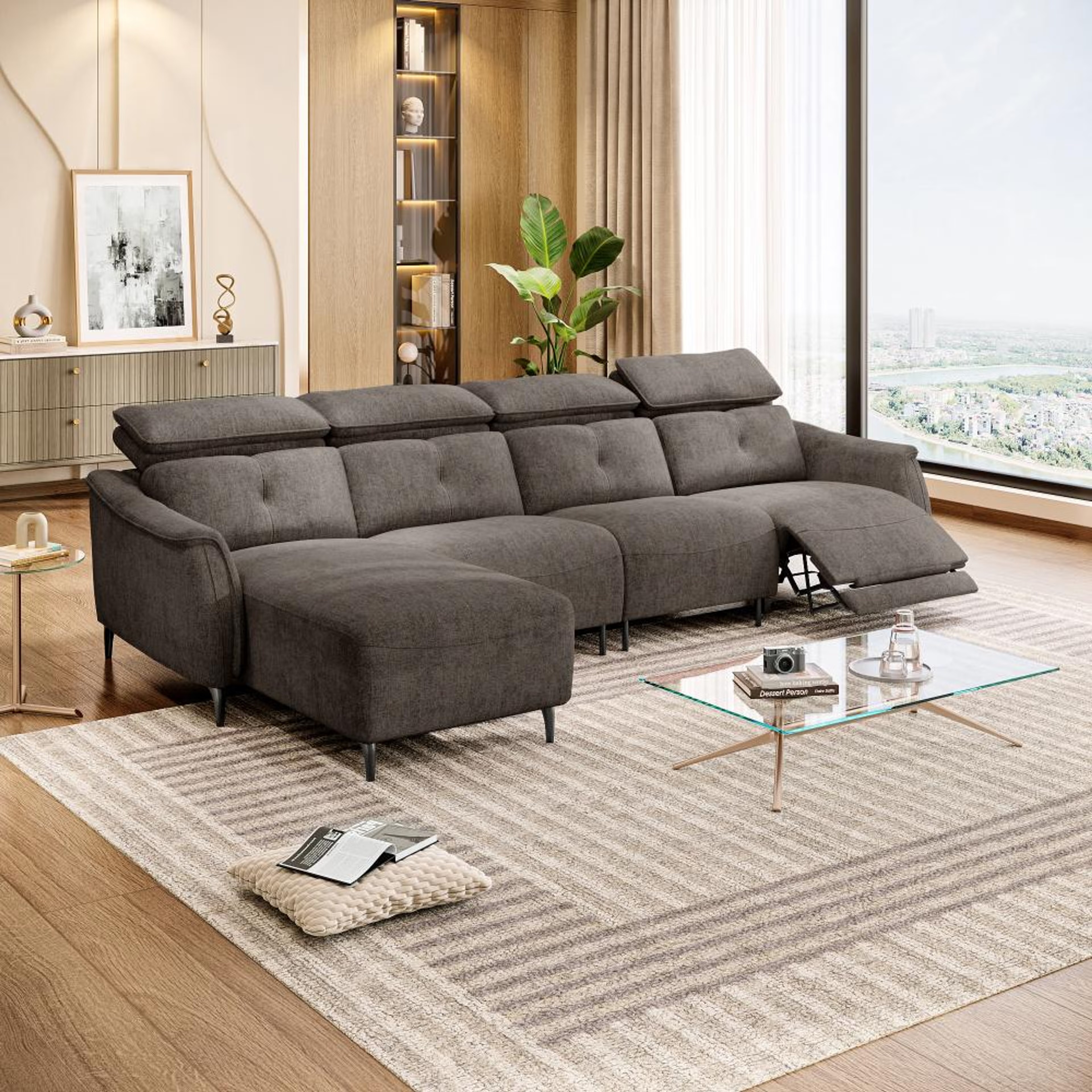 Wakefit Curacao L Shape Sofa Set With Motion (3 Seater + Left Aligned Chaise) Sectional, With Motion, Set (3 Seater + Left Aligned Chaise), Brown