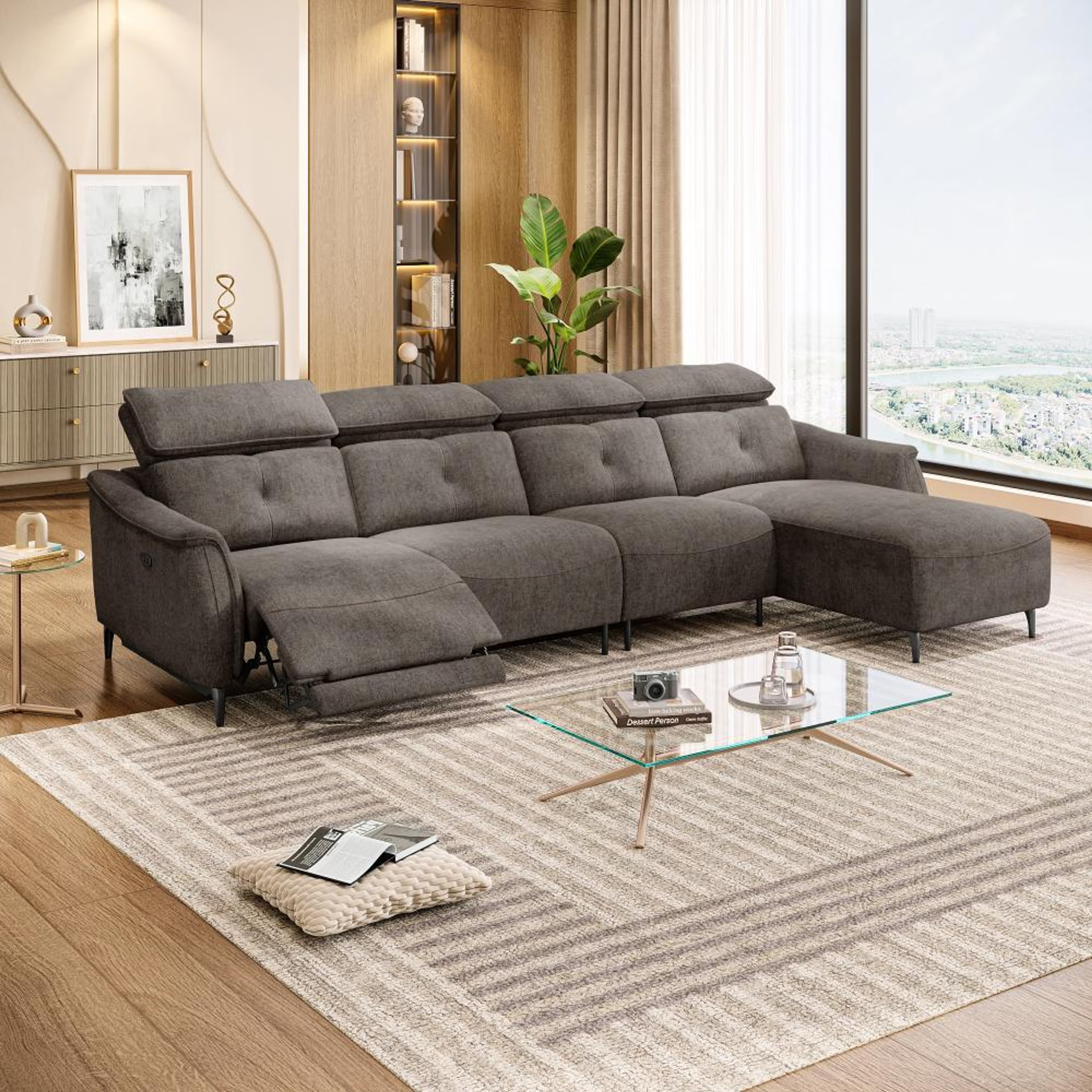 Wakefit Curacao L Shape Sofa Set With Motion (3 Seater + Right Aligned Chaise) Sectional, With Motion, Set (3 Seater + Right Aligned Chaise), Brown