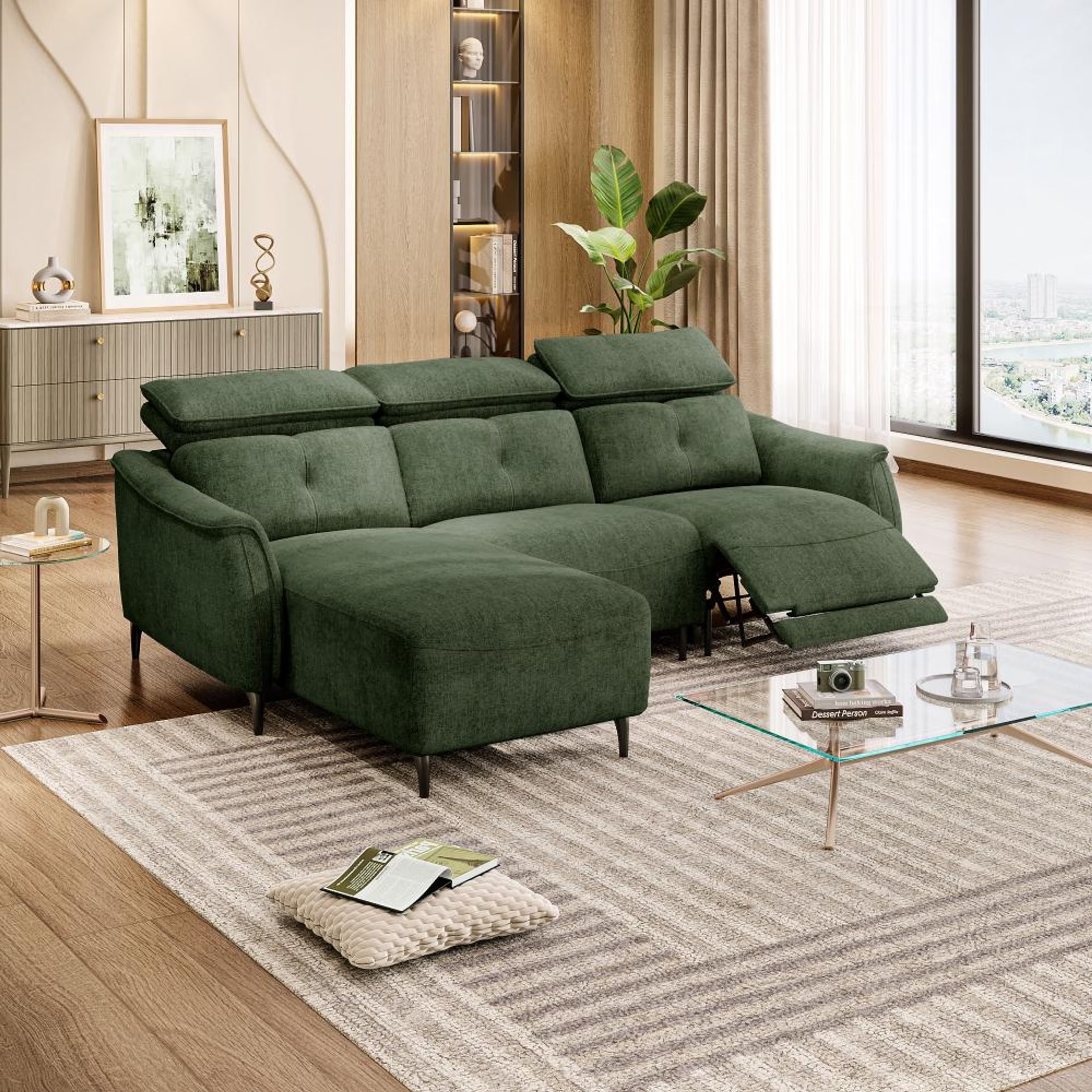 Wakefit Curacao L Shape Sofa Set With Motion (2 Seater + Left Aligned Chaise) Sectional, With Motion, Set (2 Seater + Left Aligned Chaise), Green