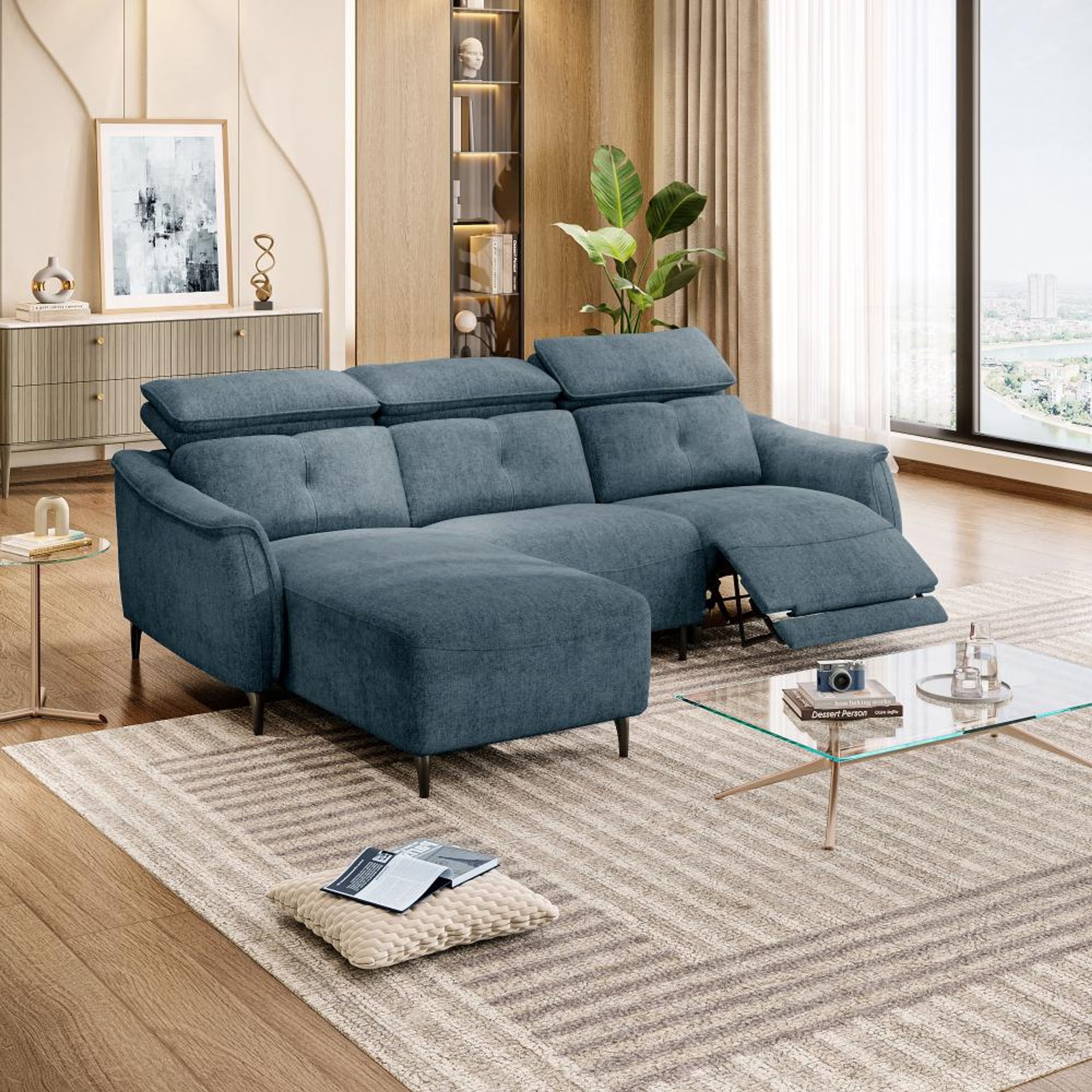 Wakefit Curacao L Shape Sofa Set With Motion (2 Seater + Left Aligned Chaise) Sectional, With Motion, Set (2 Seater + Left Aligned Chaise), Blue