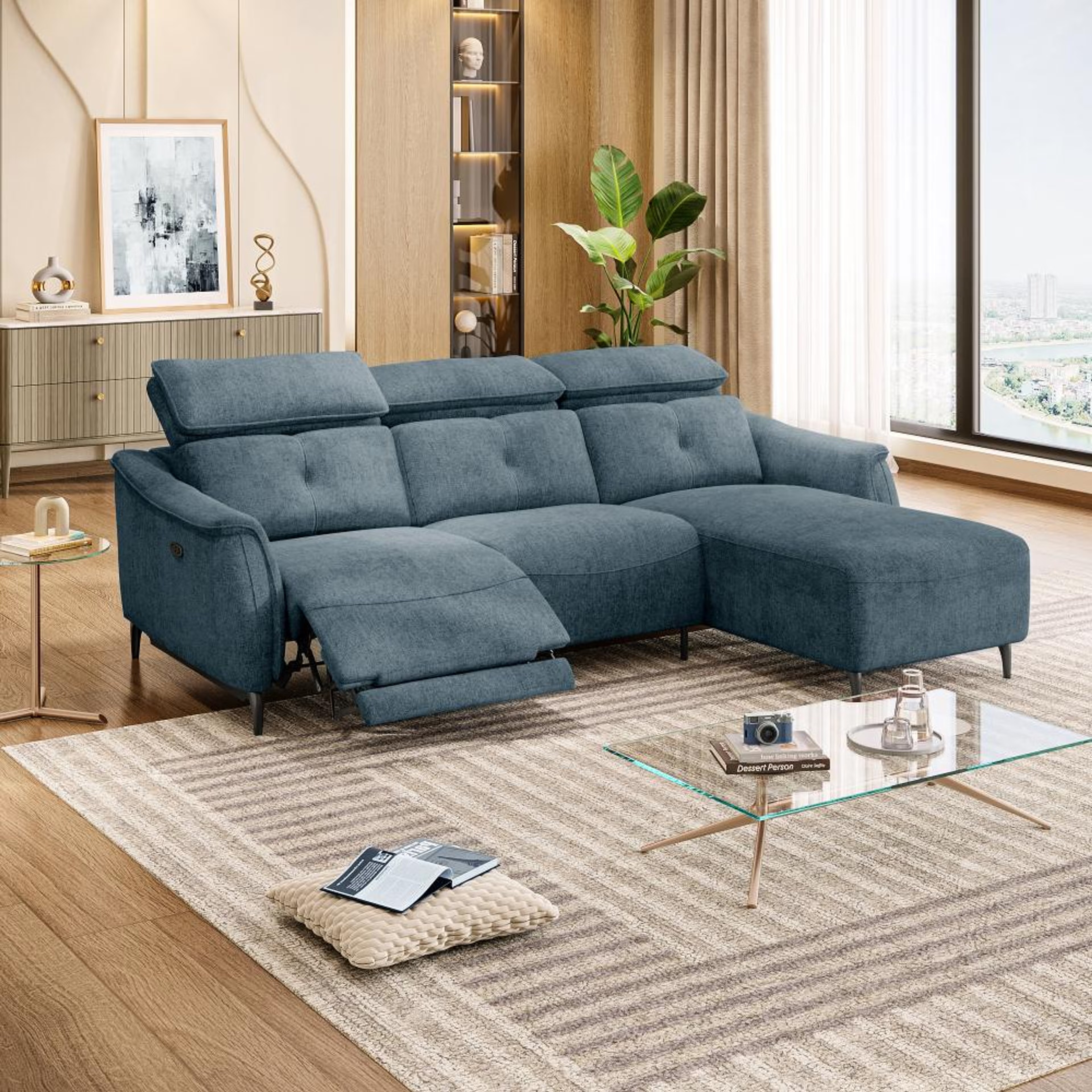 Wakefit Curacao L Shape Sofa Set With Motion (2 Seater + Right Aligned Chaise) Sectional, With Motion, Set (2 Seater + Right Aligned Chaise), Blue