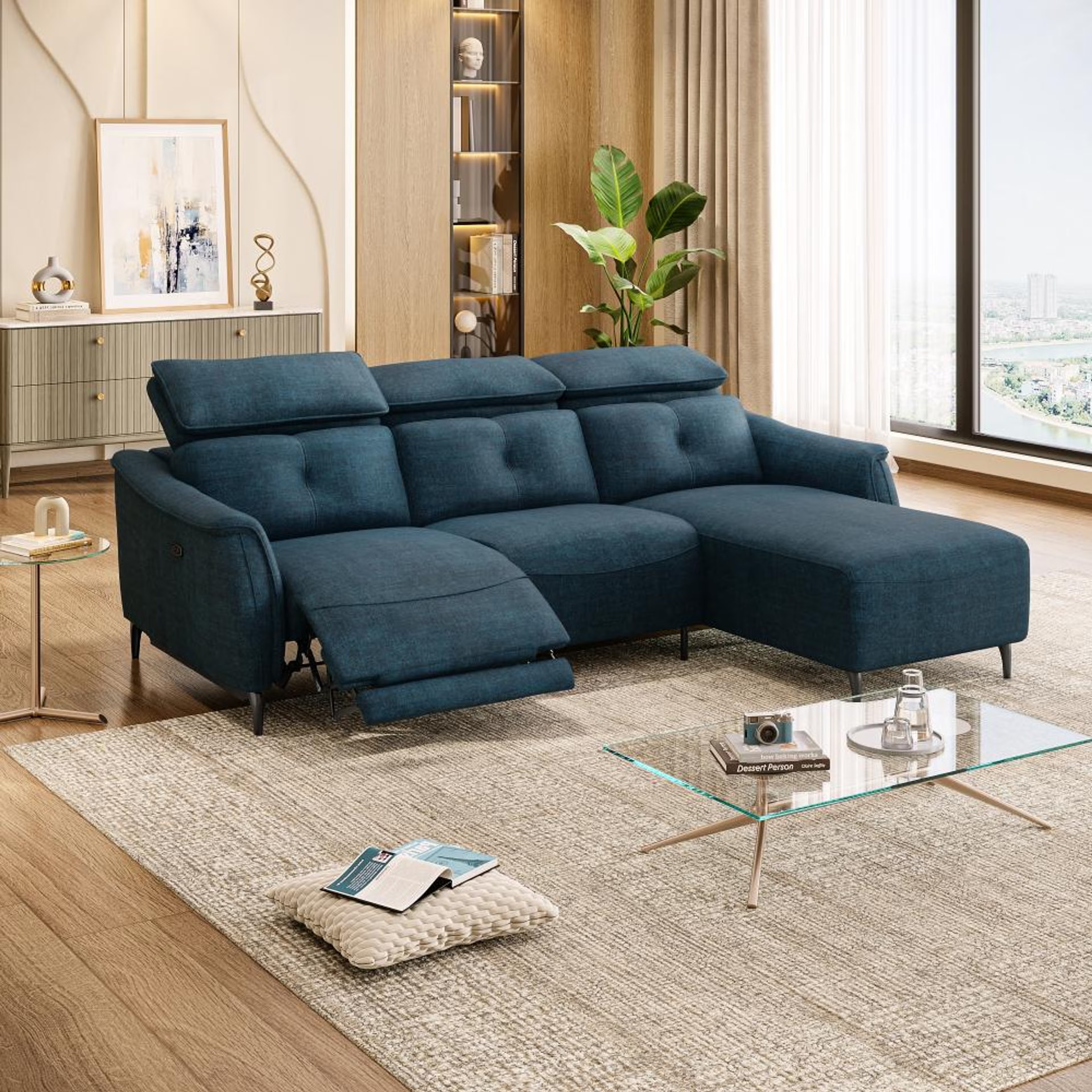 Wakefit Curacao L Shape Sofa Set With Motion (2 Seater + Right Aligned Chaise) Sectional, With Motion, Set (2 Seater + Right Aligned Chaise), Deep Ocean