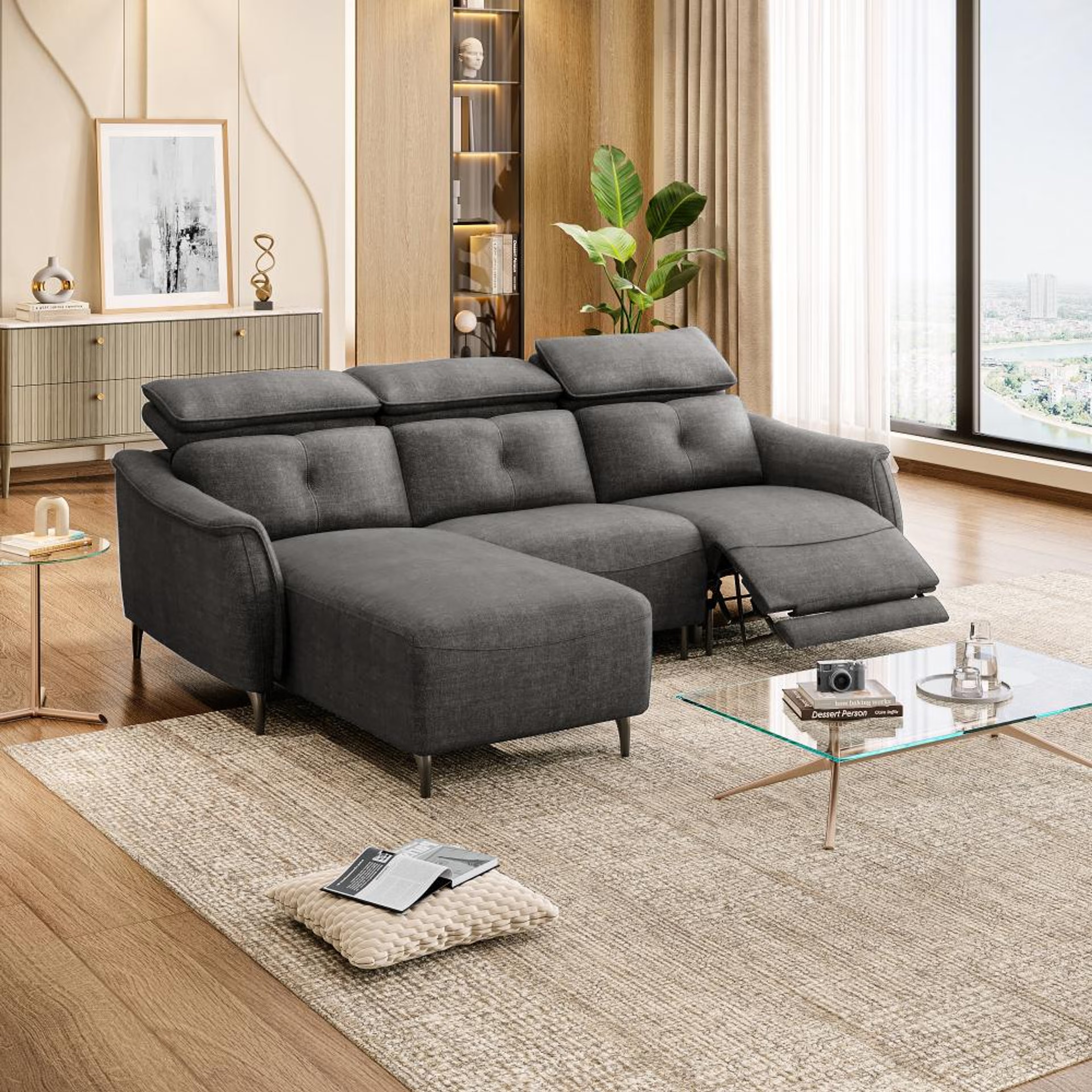 Wakefit Curacao L Shape Sofa Set With Motion (2 Seater + Left Aligned Chaise) Sectional, With Motion, Set (2 Seater + Left Aligned Chaise), Graphite