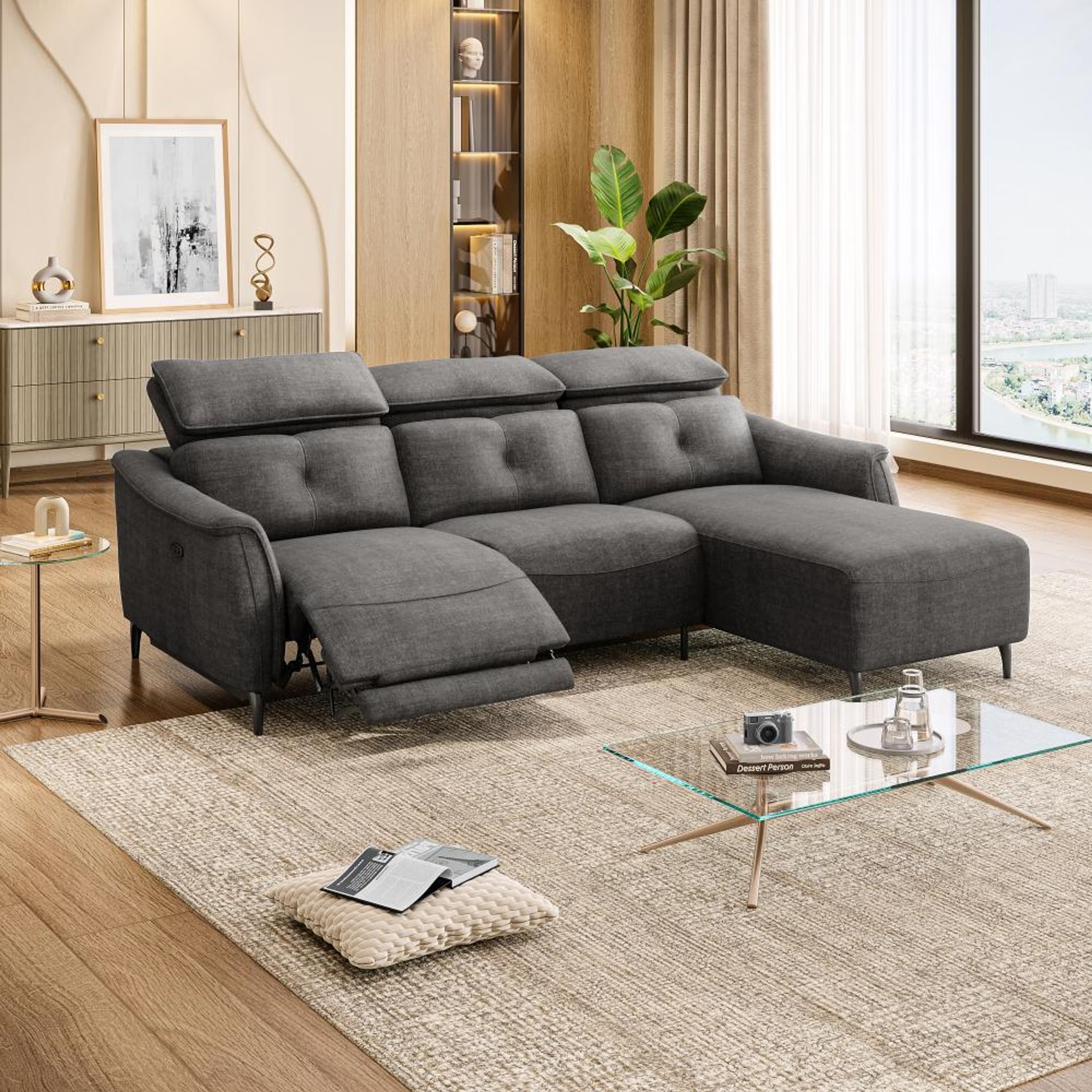 Wakefit Curacao L Shape Sofa Set With Motion (2 Seater + Right Aligned Chaise) Sectional, With Motion, Set (2 Seater + Right Aligned Chaise), Graphite