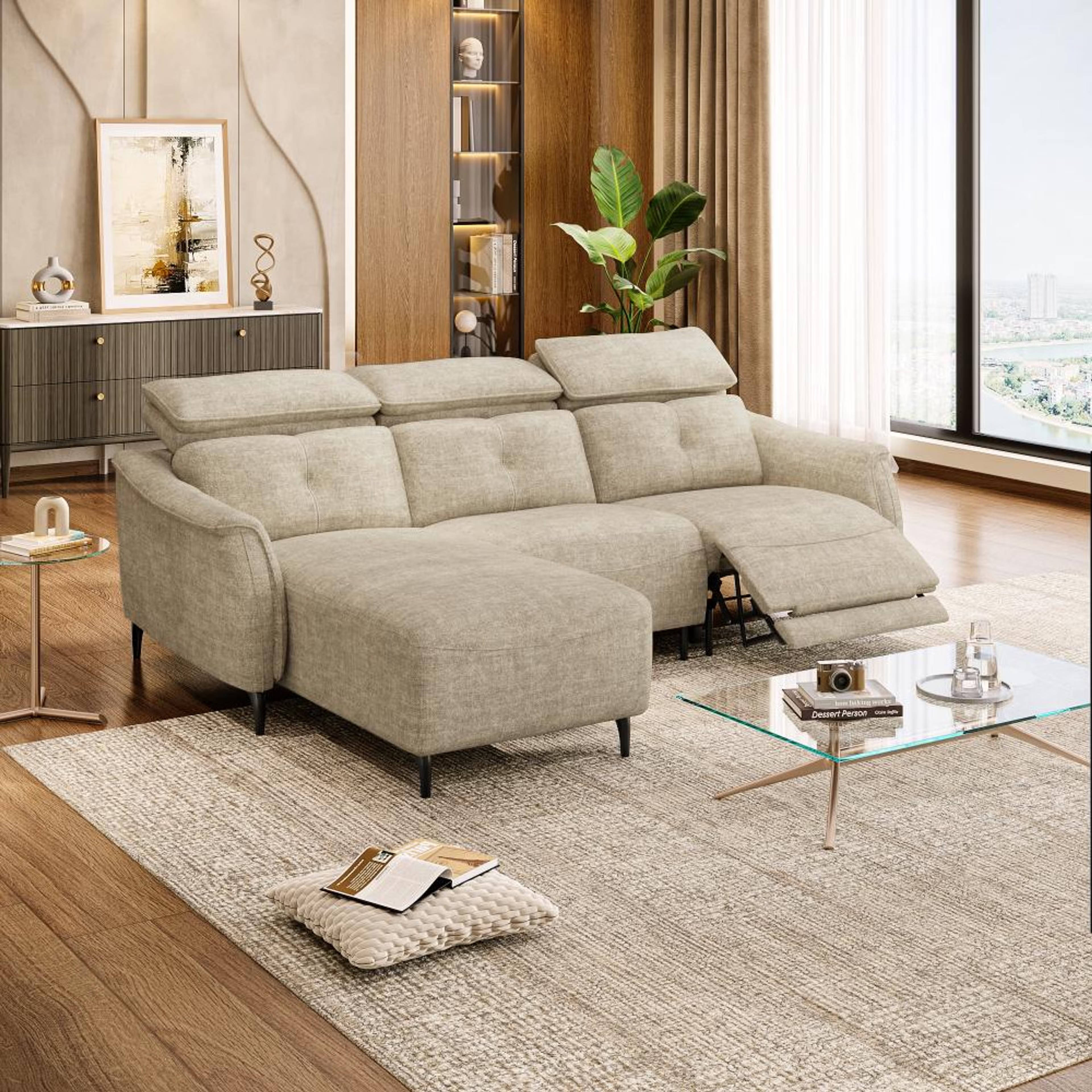 Wakefit Curacao L Shape Sofa Set With Motion (2 Seater + Left Aligned Chaise) Sectional, With Motion, Set (2 Seater + Left Aligned Chaise), Beige