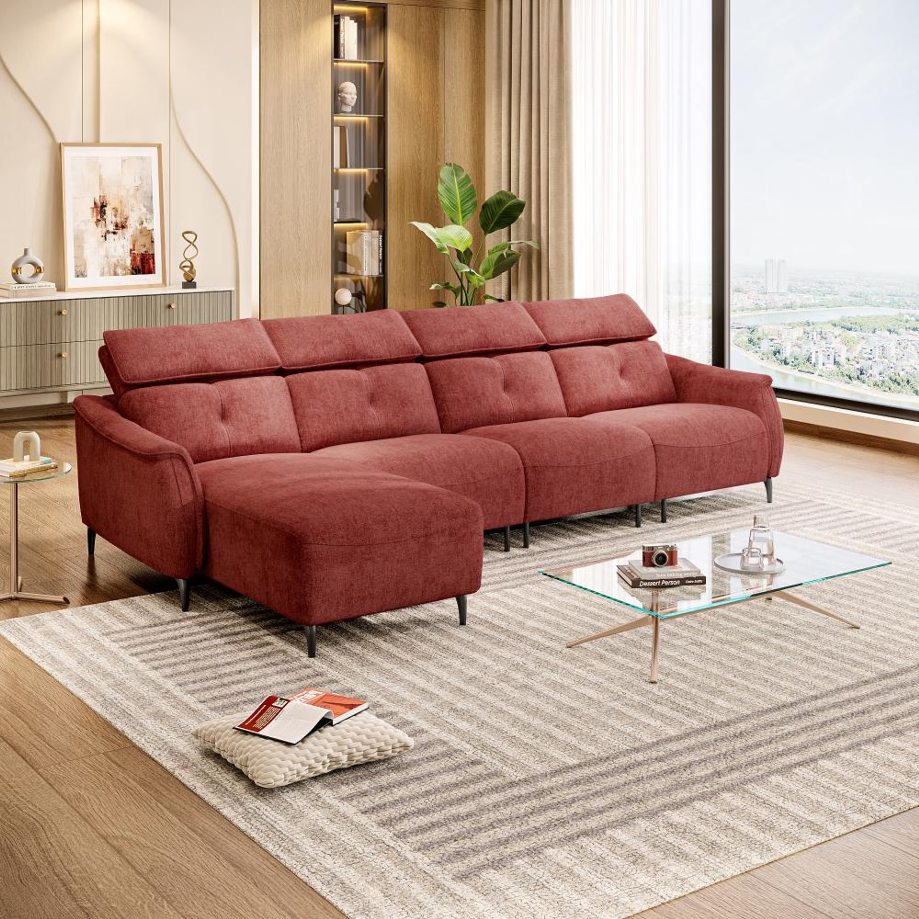 Wakefit Curacao L Shape Sofa Set Without Motion (3 Seater + Left Aligned Chaise) Sectional, Without Motion, Set (3 Seater + Left Aligned Chaise), Maroon