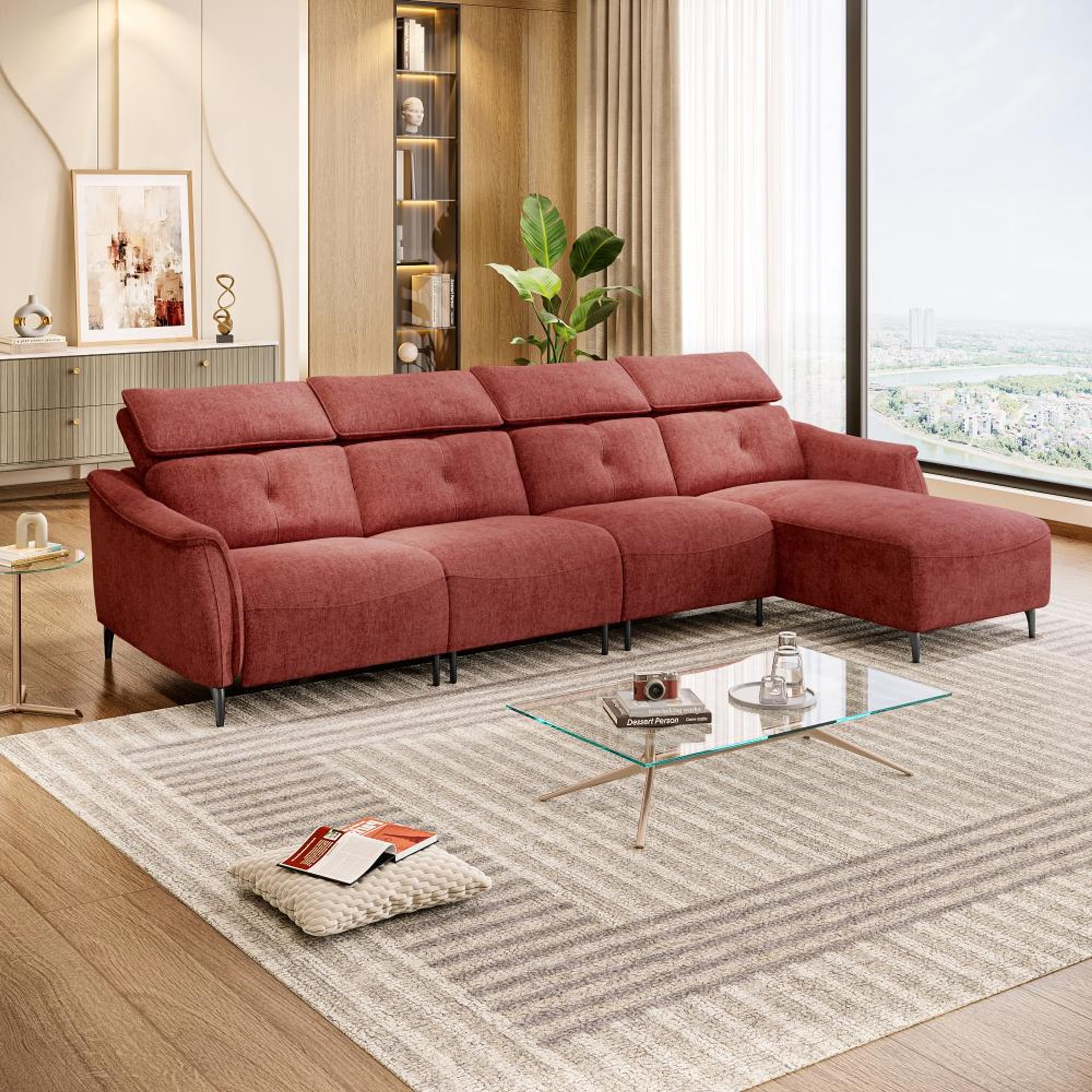 Home 38 Wakefit Curacao L Shape Sofa Set Without Motion (3 Seater + Right Aligned Chaise) Sectional, Without Motion, Set (3 Seater + Right Aligned Chaise), Maroon