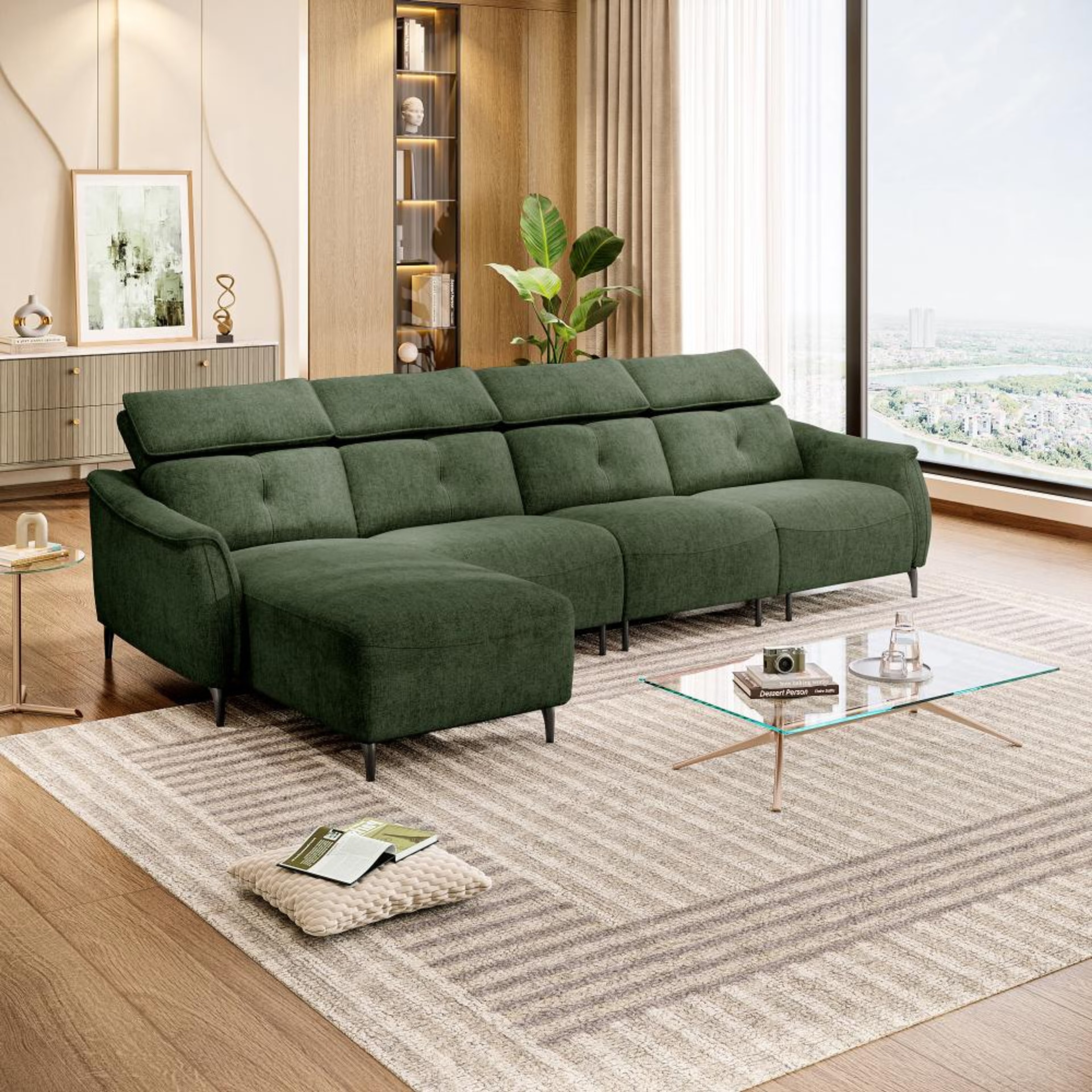 Wakefit Curacao L Shape Sofa Set Without Motion (3 Seater + Left Aligned Chaise) Sectional, Without Motion, Set (3 Seater + Left Aligned Chaise), Green