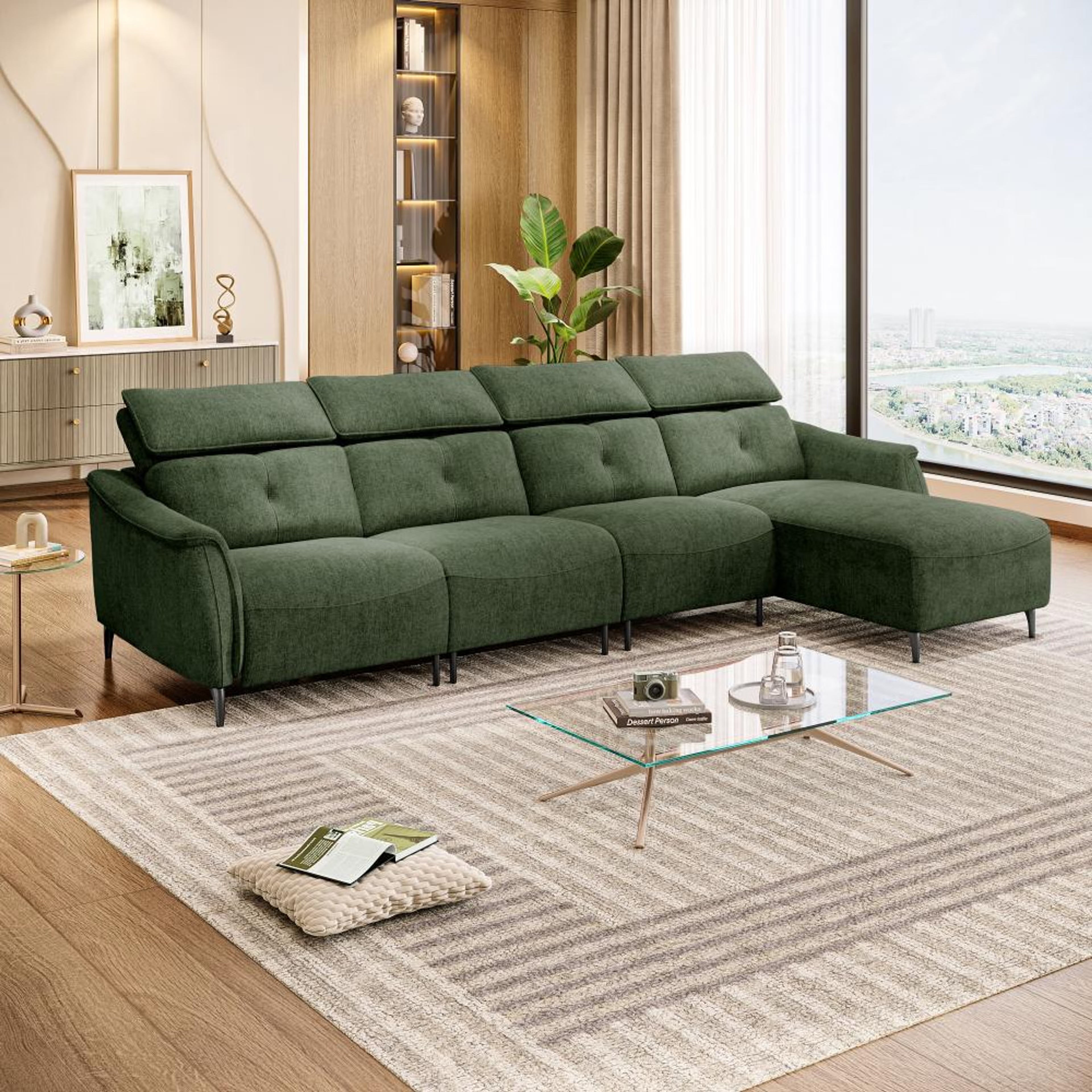 Wakefit Curacao L Shape Sofa Set Without Motion (3 Seater + Right Aligned Chaise) Sectional, Without Motion, Set (3 Seater + Right Aligned Chaise), Green