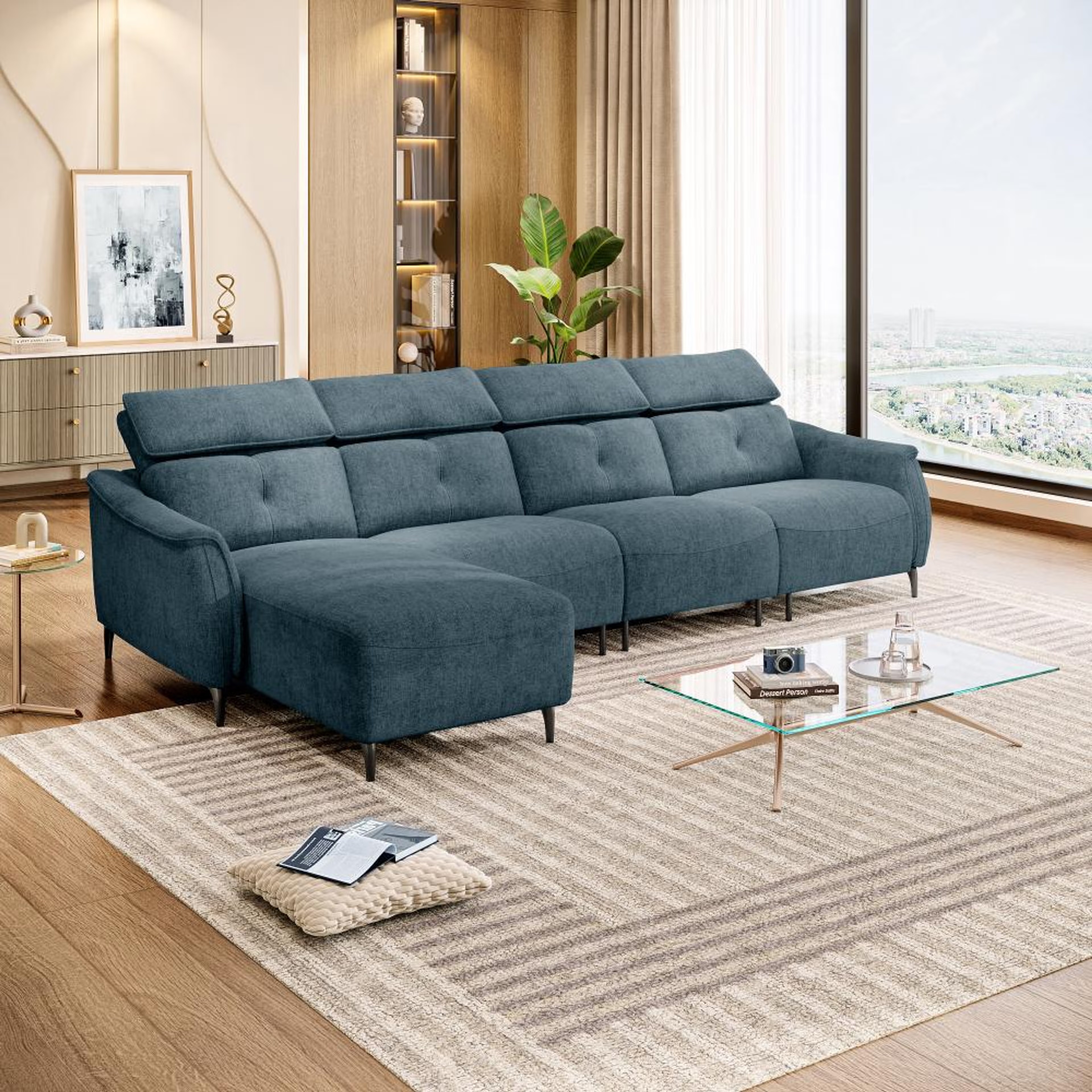 Wakefit Curacao L Shape Sofa Set Without Motion (3 Seater + Left Aligned Chaise) Sectional, Without Motion, Set (3 Seater + Left Aligned Chaise), Blue