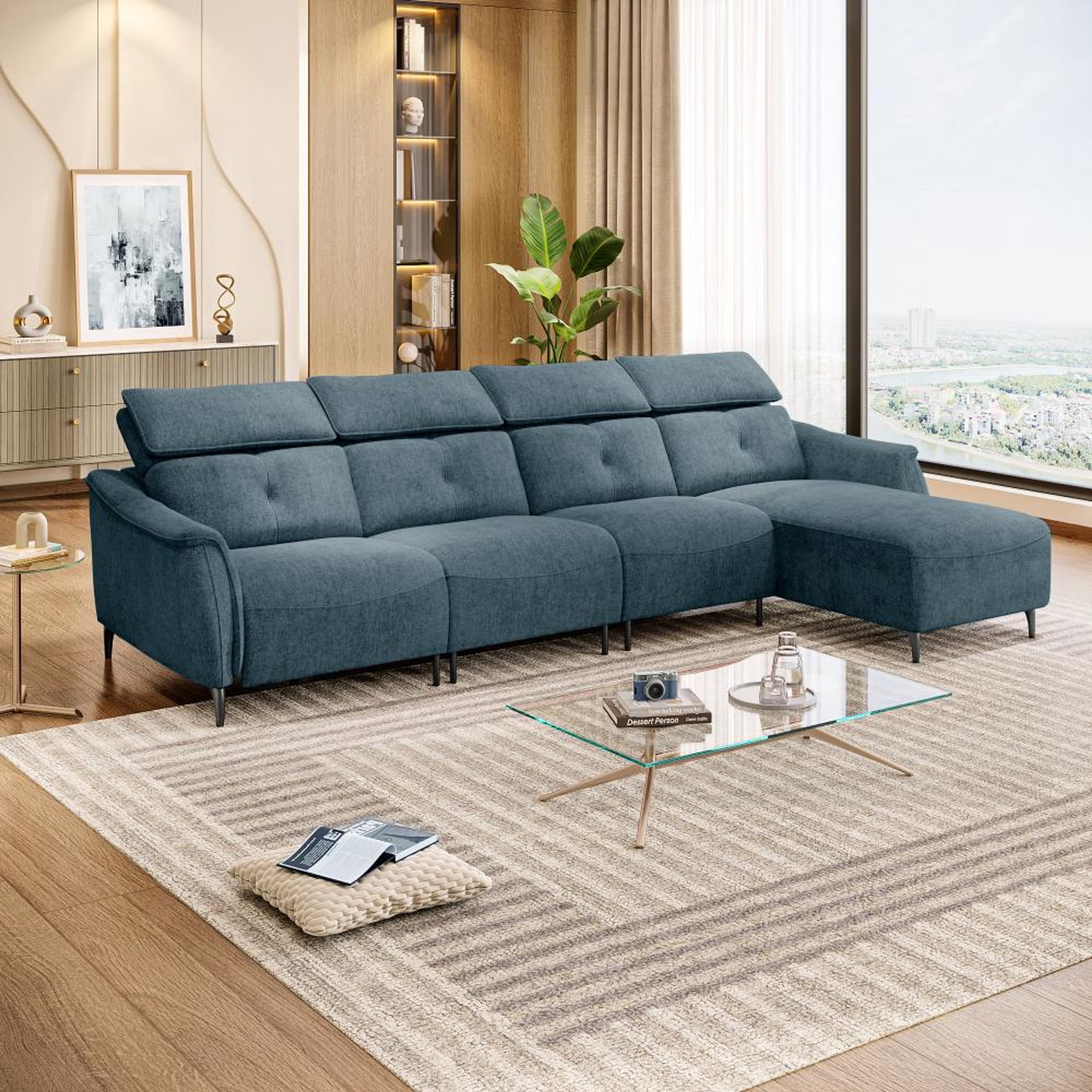 Wakefit Curacao L Shape Sofa Set Without Motion (3 Seater + Right Aligned Chaise) Sectional, Without Motion, Set (3 Seater + Right Aligned Chaise), Blue