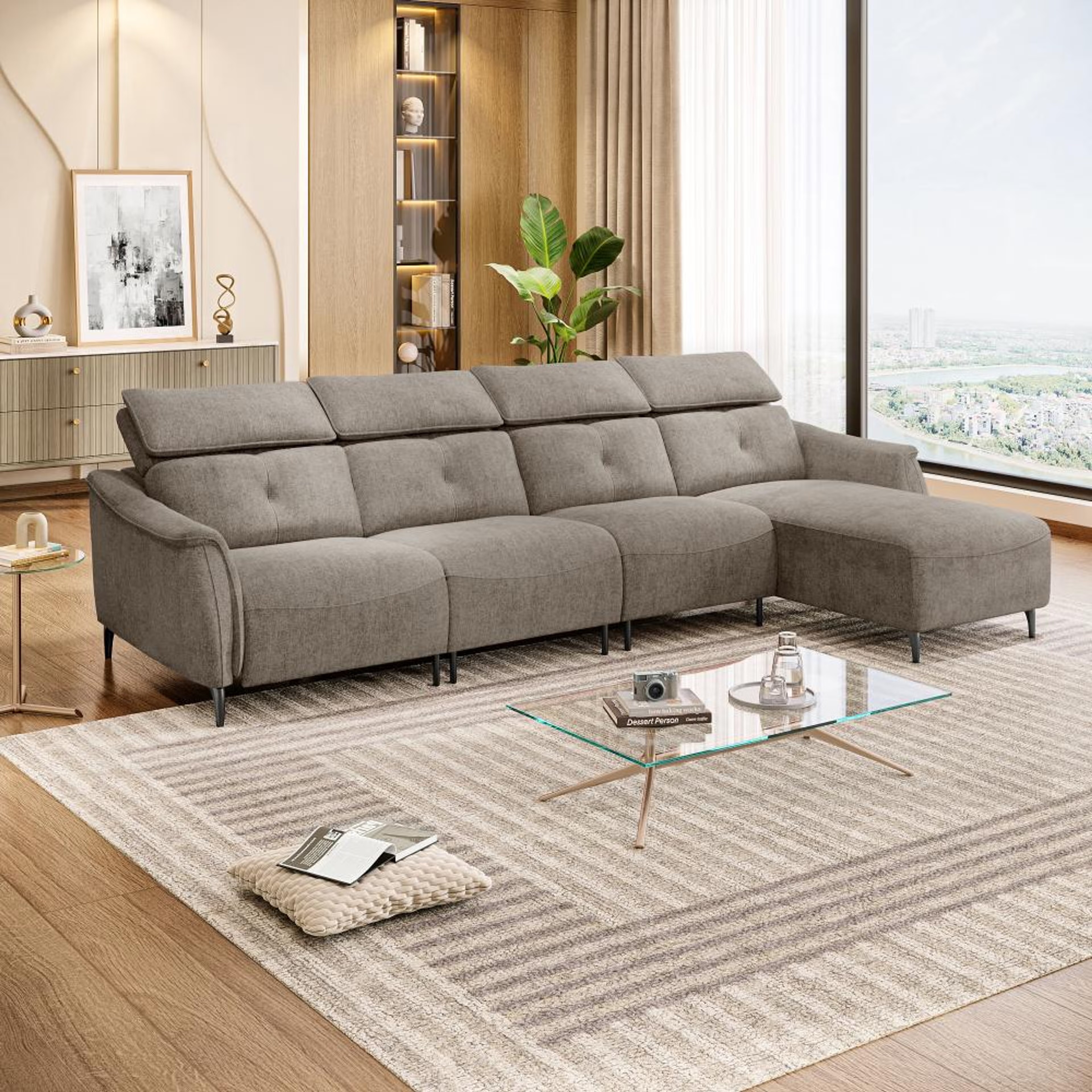 Wakefit Curacao L Shape Sofa Set Without Motion (3 Seater + Right Aligned Chaise) Sectional, Without Motion, Set (3 Seater + Right Aligned Chaise), Taupe
