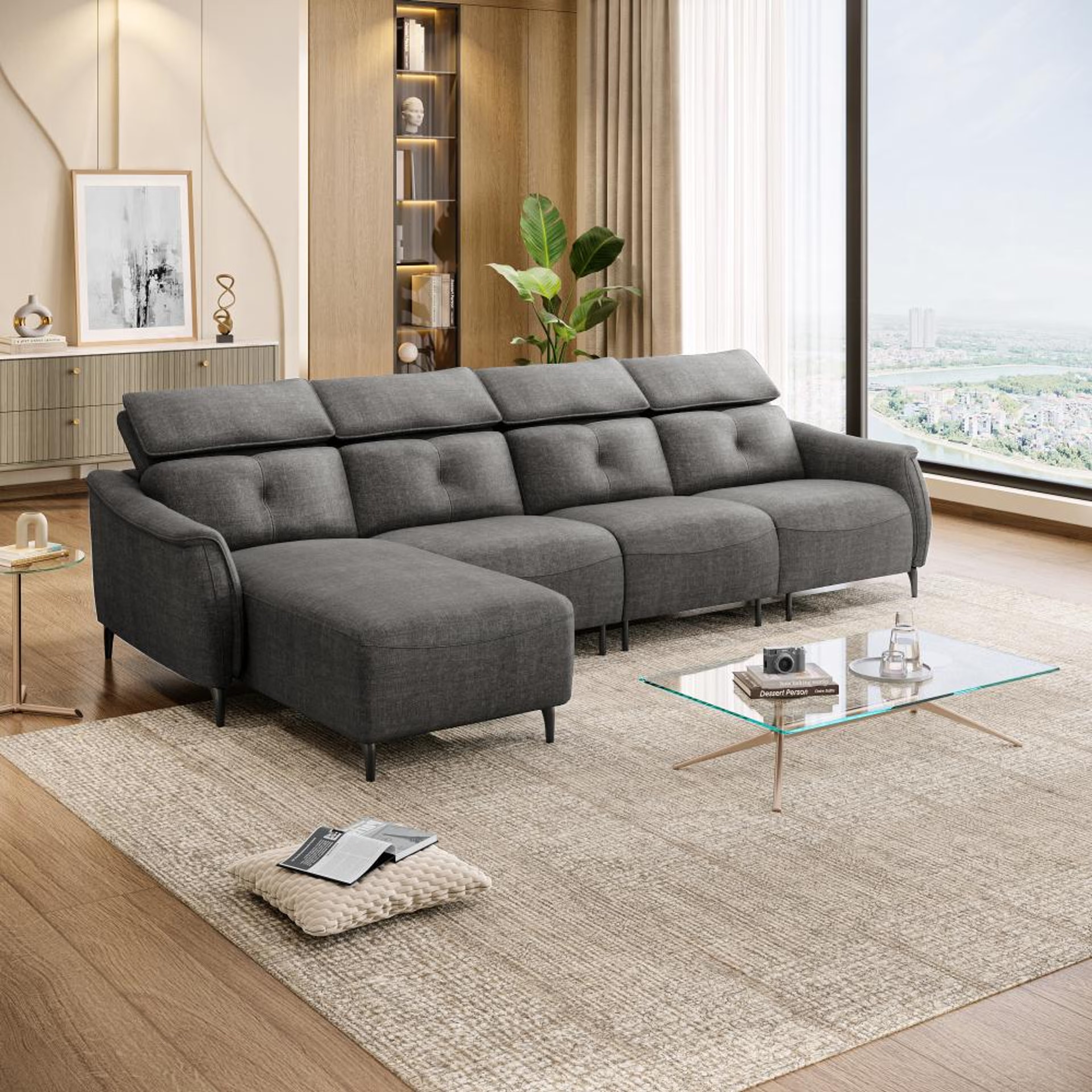 Wakefit Curacao L Shape Sofa Set Without Motion (3 Seater + Left Aligned Chaise) Sectional, Without Motion, Set (3 Seater + Left Aligned Chaise), Graphite