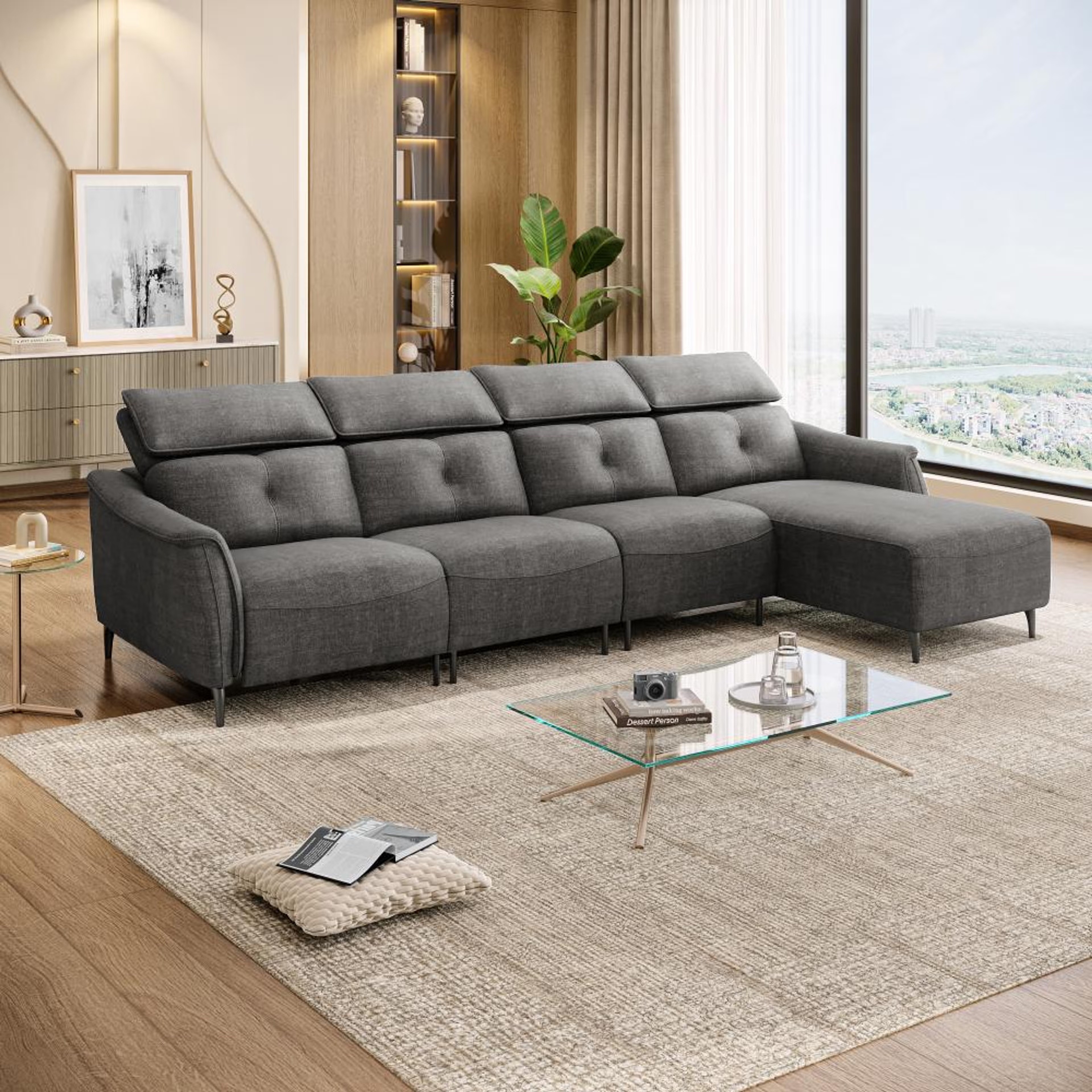 Wakefit Curacao L Shape Sofa Set Without Motion (3 Seater + Right Aligned Chaise) Sectional, Without Motion, Set (3 Seater + Right Aligned Chaise), Graphite