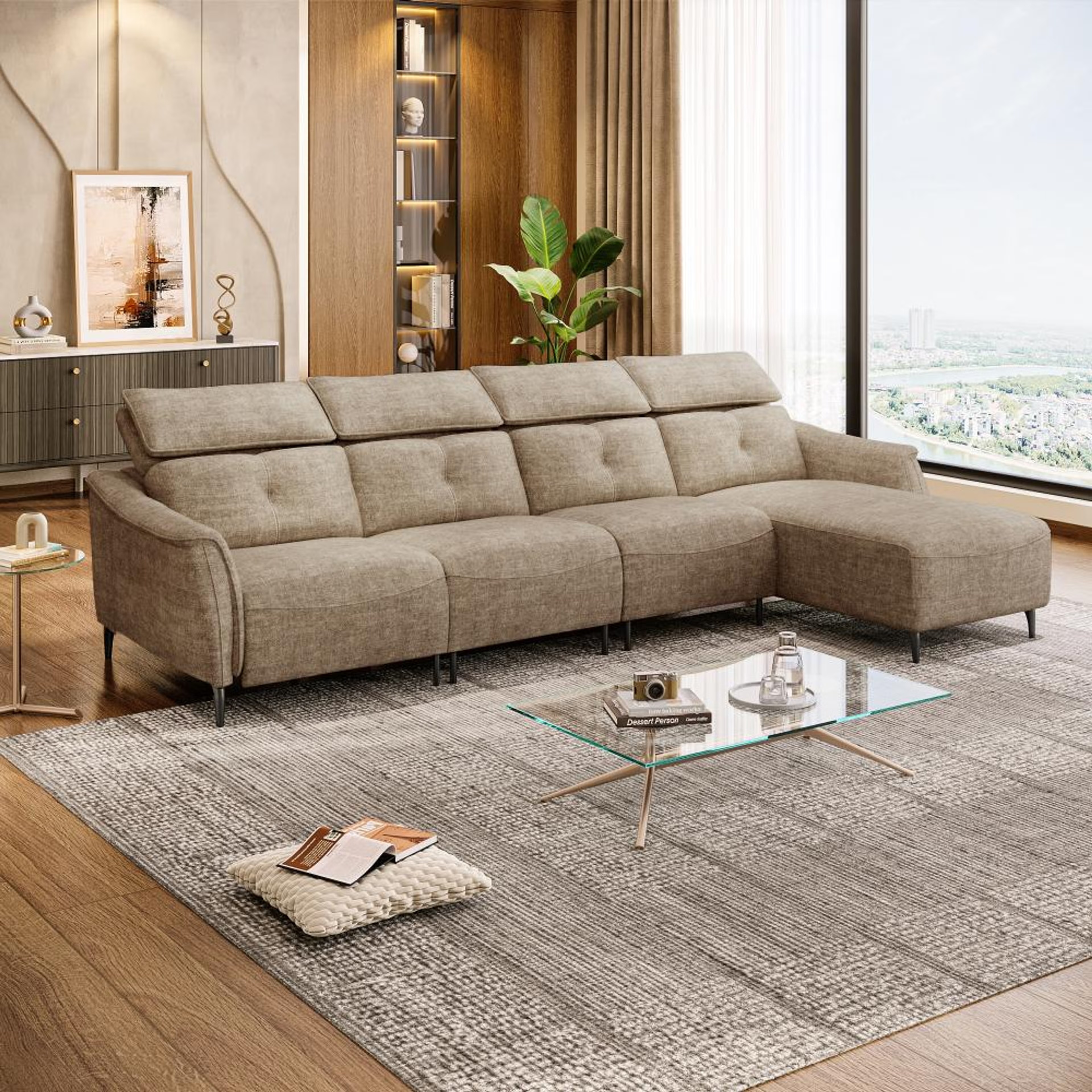 Wakefit Curacao L Shape Sofa Set Without Motion (3 Seater + Right Aligned Chaise) Sectional, Without Motion, Set (3 Seater + Right Aligned Chaise), Taupe