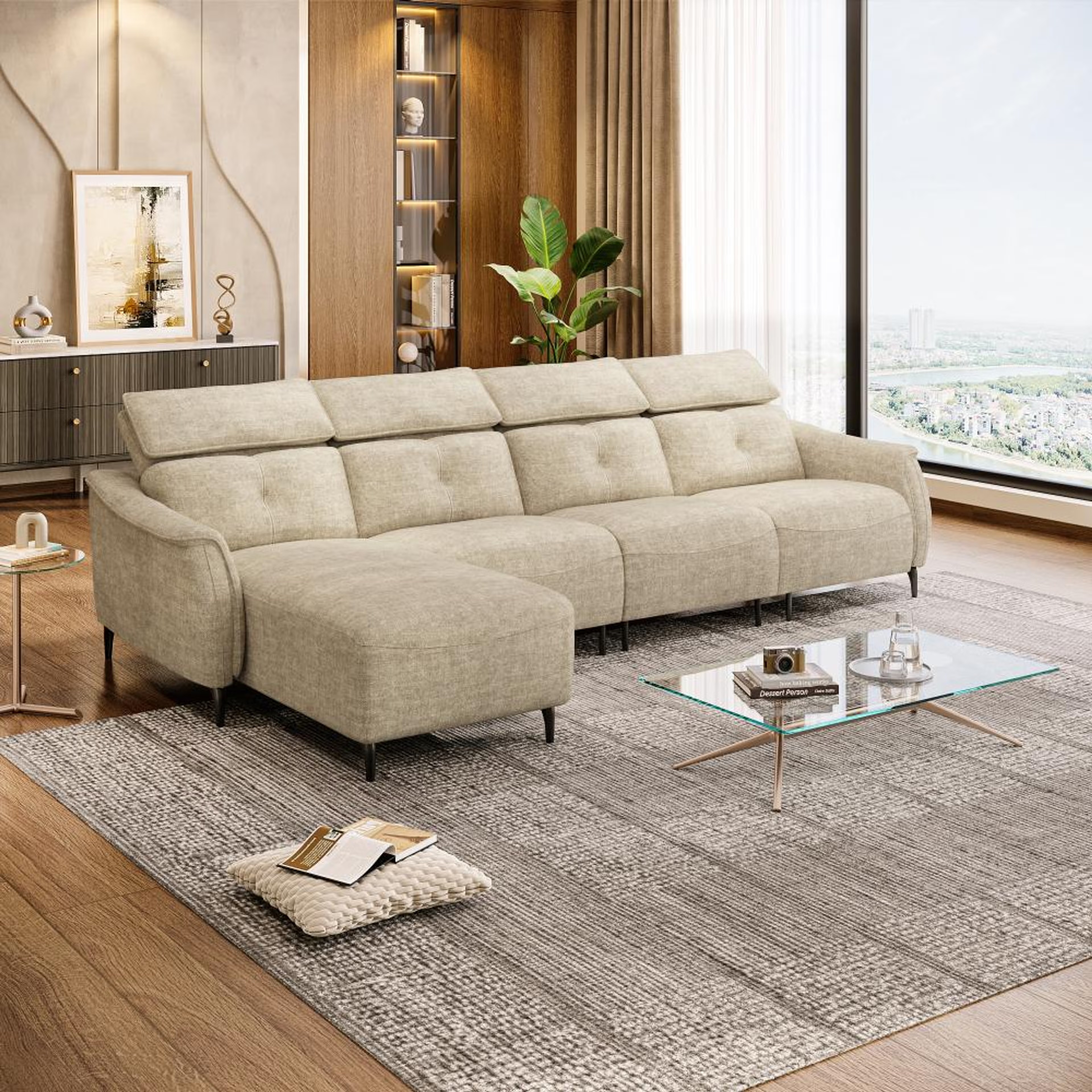 Wakefit Curacao L Shape Sofa Set Without Motion (3 Seater + Left Aligned Chaise) Sectional, Without Motion, Set (3 Seater + Left Aligned Chaise), Beige
