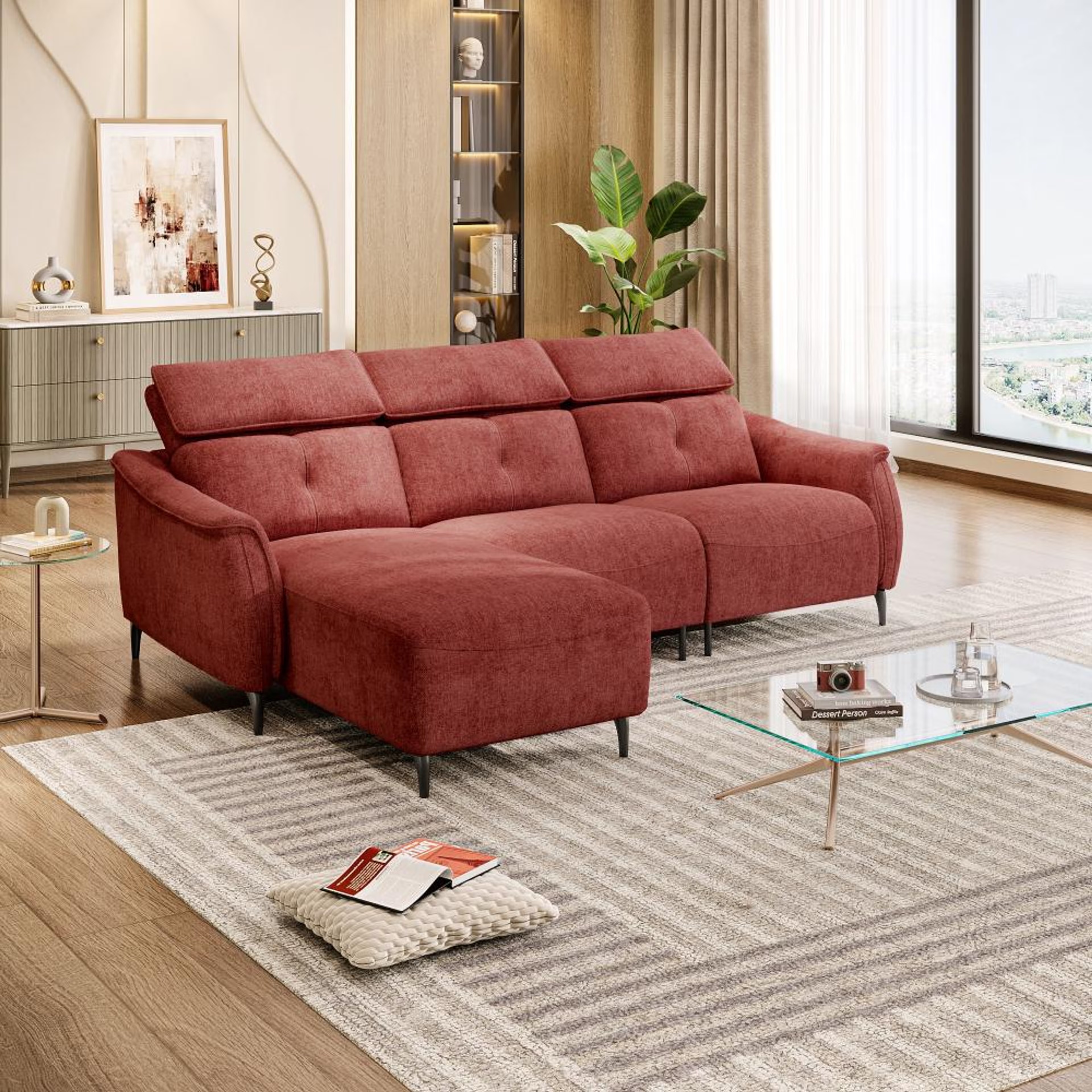 Wakefit Curacao L Shape Sofa Set Without Motion (2 Seater + Left Aligned Chaise) Sectional, Without Motion, Set (2 Seater + Left Aligned Chaise), Maroon