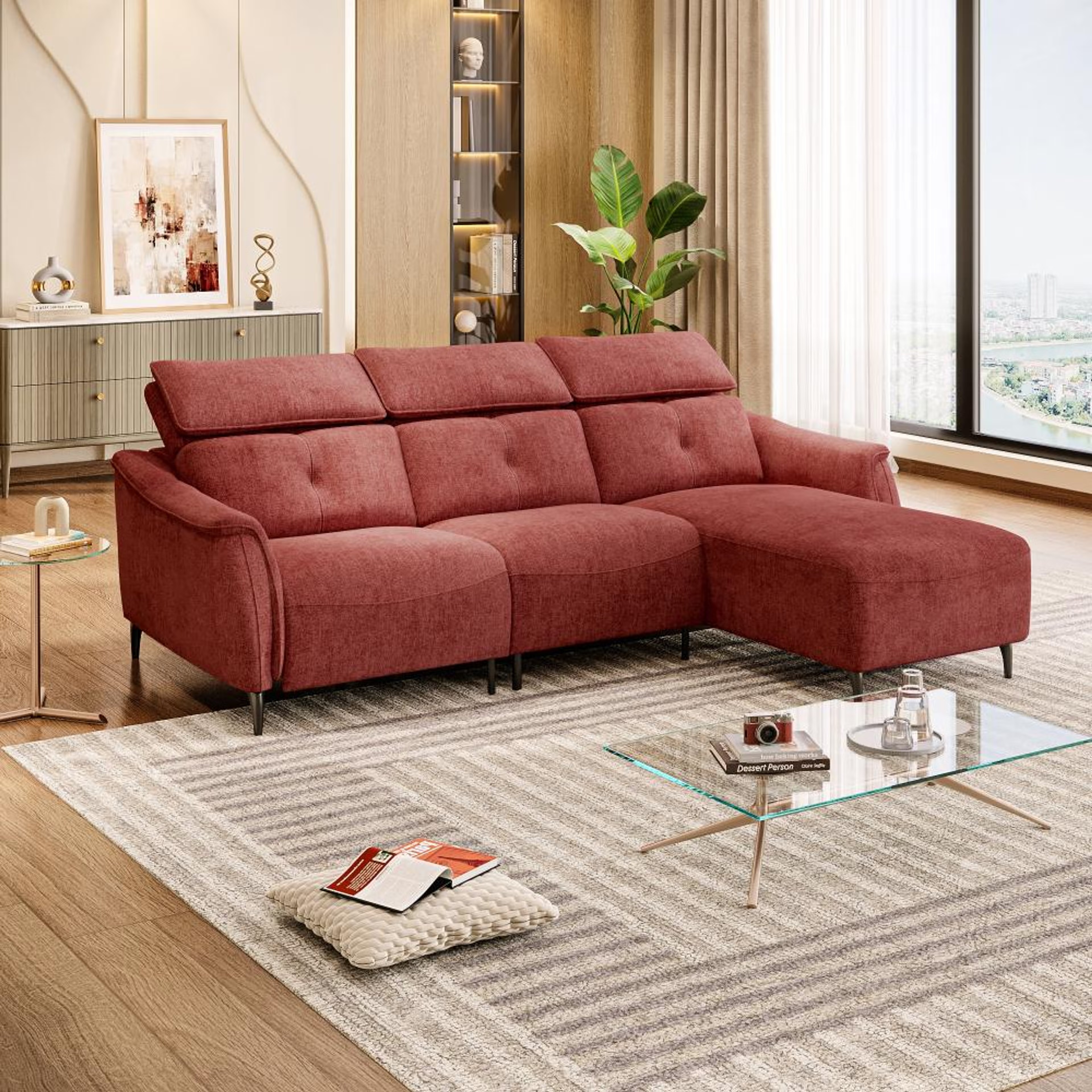 Home 44 Wakefit Curacao L Shape Sofa Set Without Motion (2 Seater + Right Aligned Chaise) Sectional, Without Motion, Set (2 Seater + Right Aligned Chaise), Maroon
