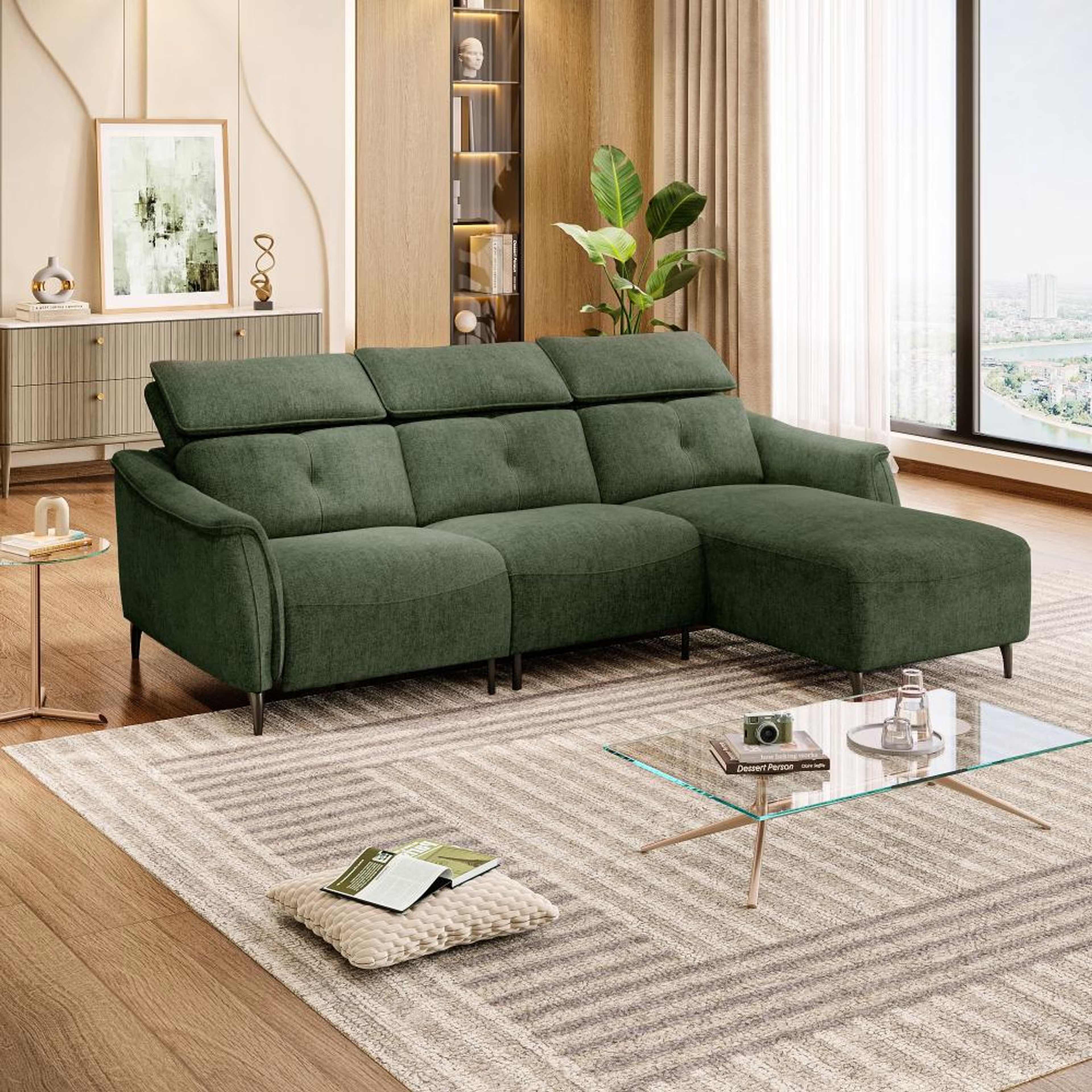 Wakefit Curacao L Shape Sofa Set Without Motion (2 Seater + Right Aligned Chaise) Sectional, Without Motion, Set (2 Seater + Right Aligned Chaise), Green