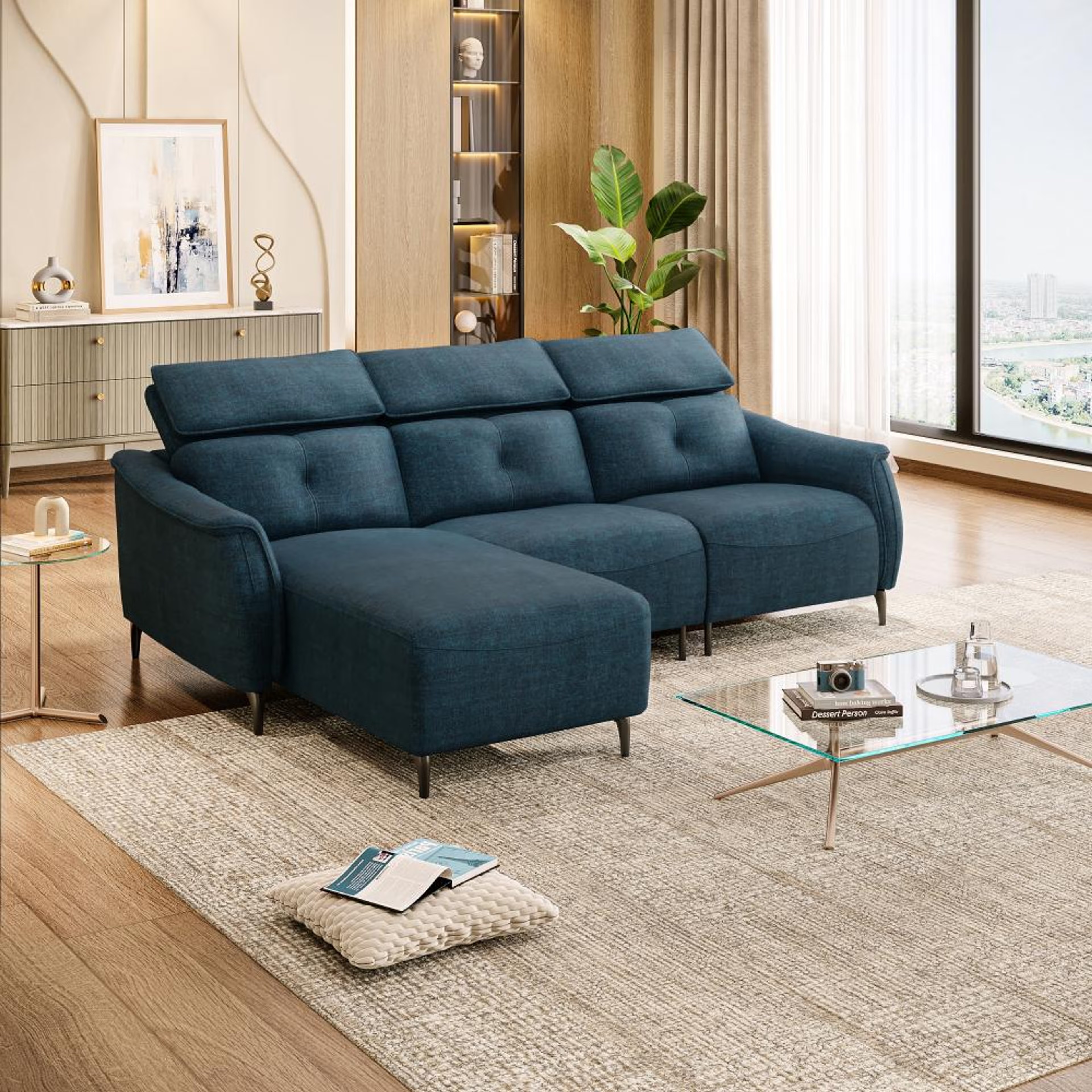 Wakefit Curacao L Shape Sofa Set Without Motion (2 Seater + Left Aligned Chaise) Sectional, Without Motion, Set (2 Seater + Left Aligned Chaise), Deep Ocean