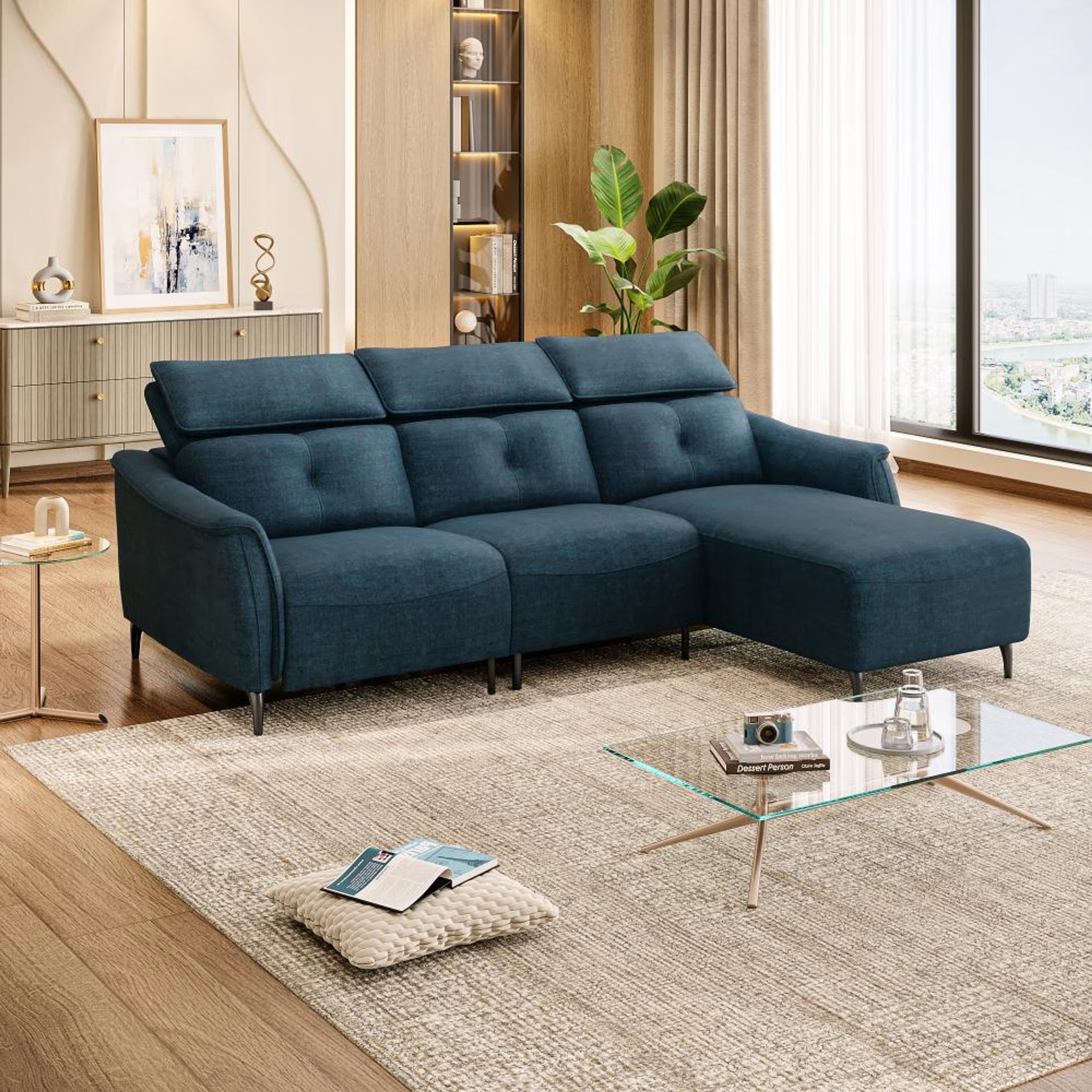 Wakefit Curacao L Shape Sofa Set Without Motion (2 Seater + Right Aligned Chaise) Sectional, Without Motion, Set (2 Seater + Right Aligned Chaise), Deep Ocean