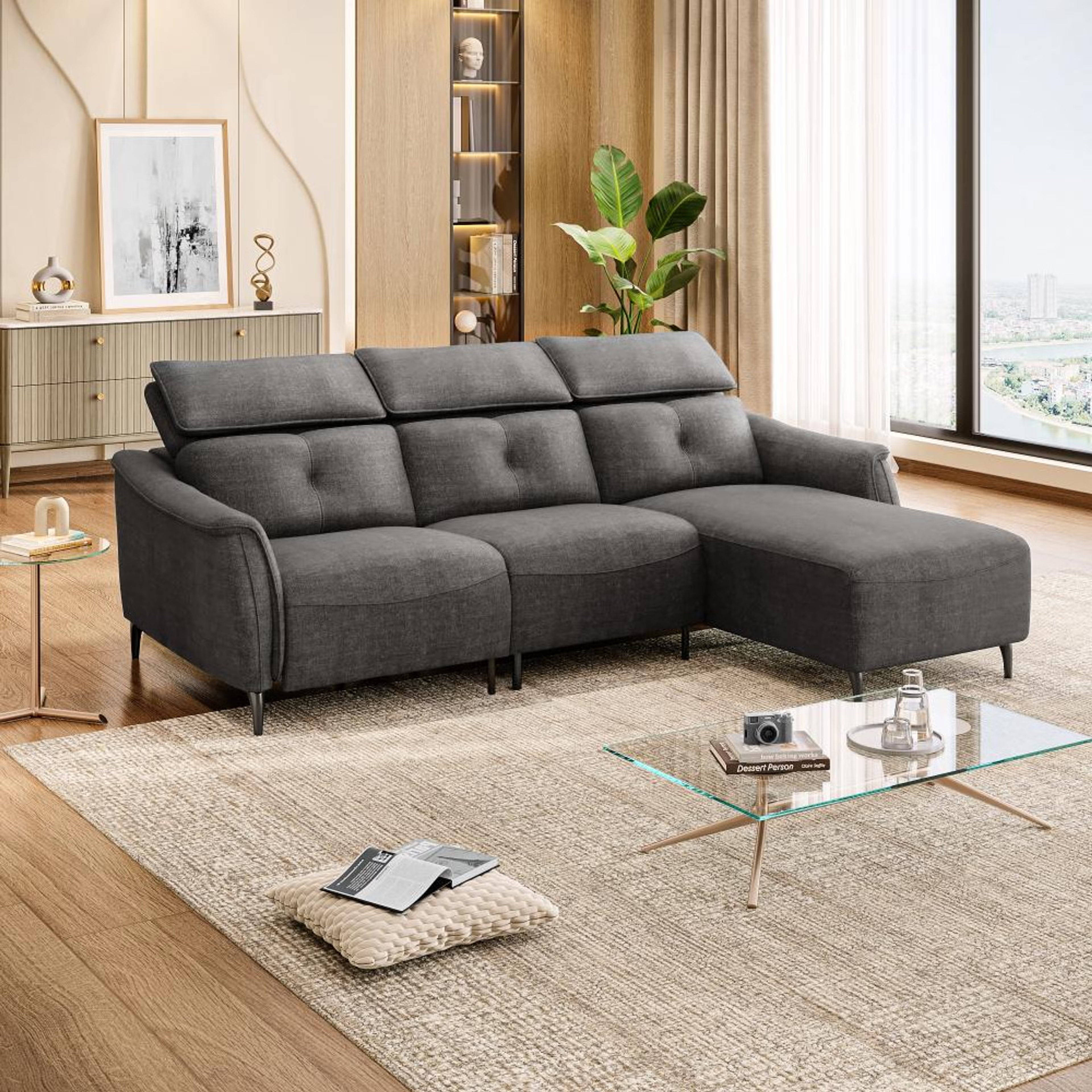 Wakefit Curacao L Shape Sofa Set Without Motion (2 Seater + Right Aligned Chaise) Sectional, Without Motion, Set (2 Seater + Right Aligned Chaise), Graphite