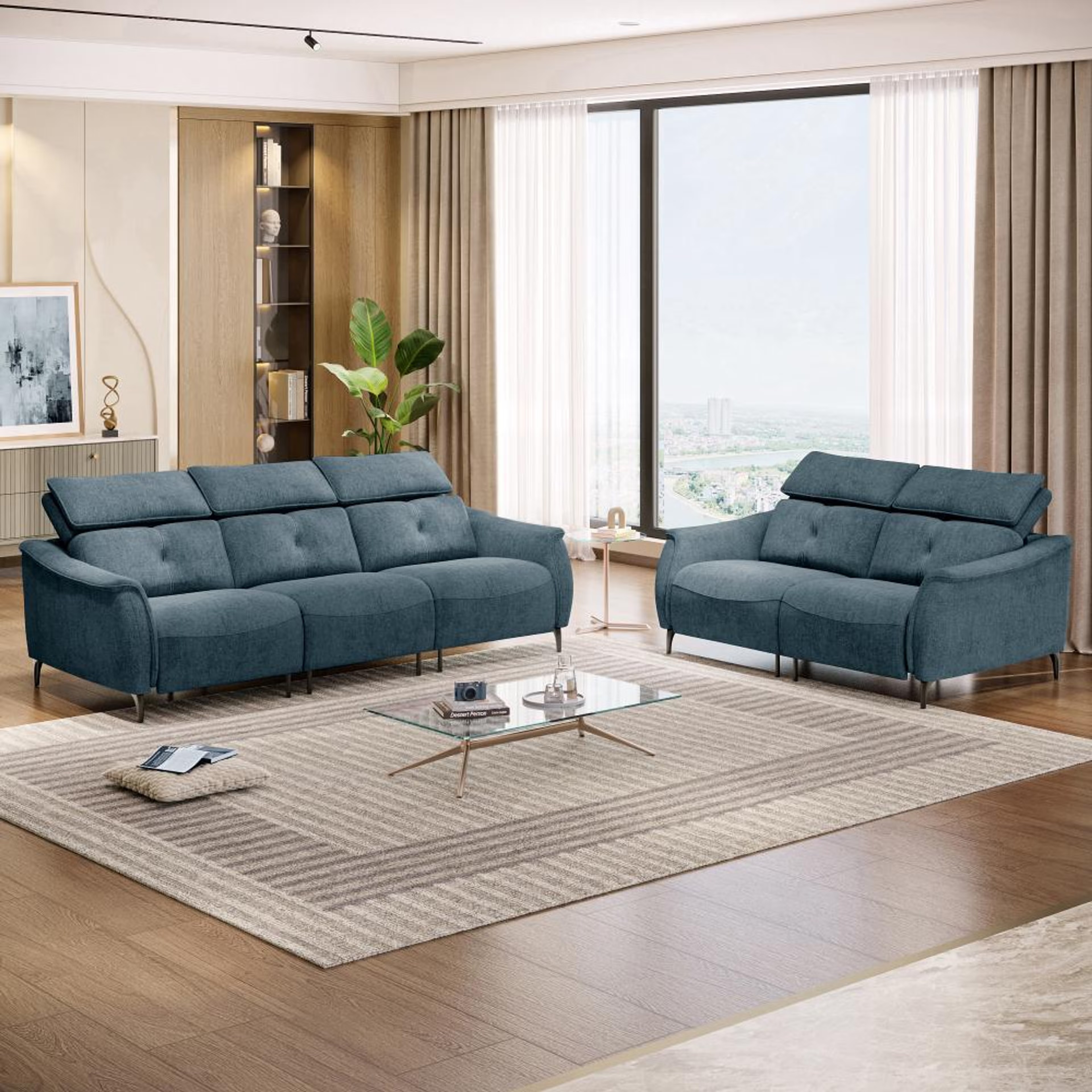 Wakefit Curacao Without Motion Sofa Set (3+2) Seater Regular, Without Motion, Set (3+2), Blue