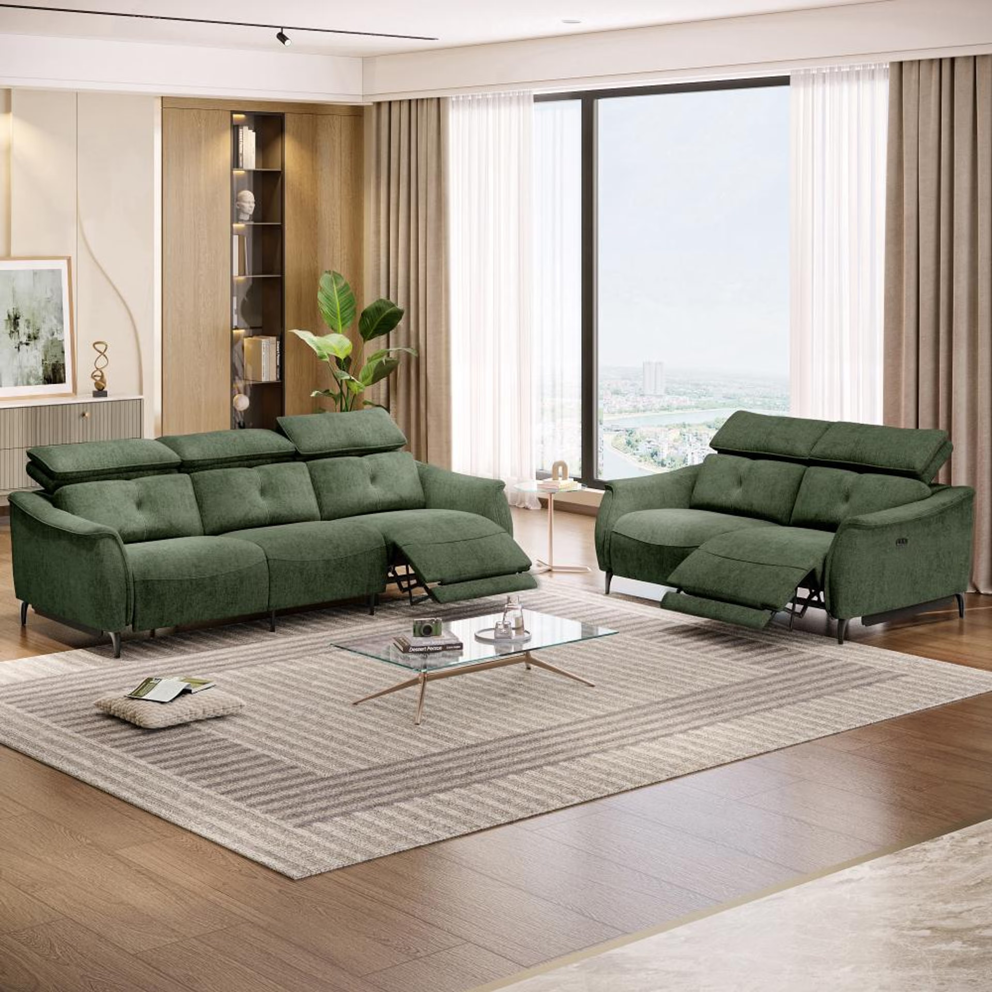 Wakefit Curacao With Motion Sofa Set (3+2) Seater Regular, With Motion, Set (3+2 Right Motion), Green