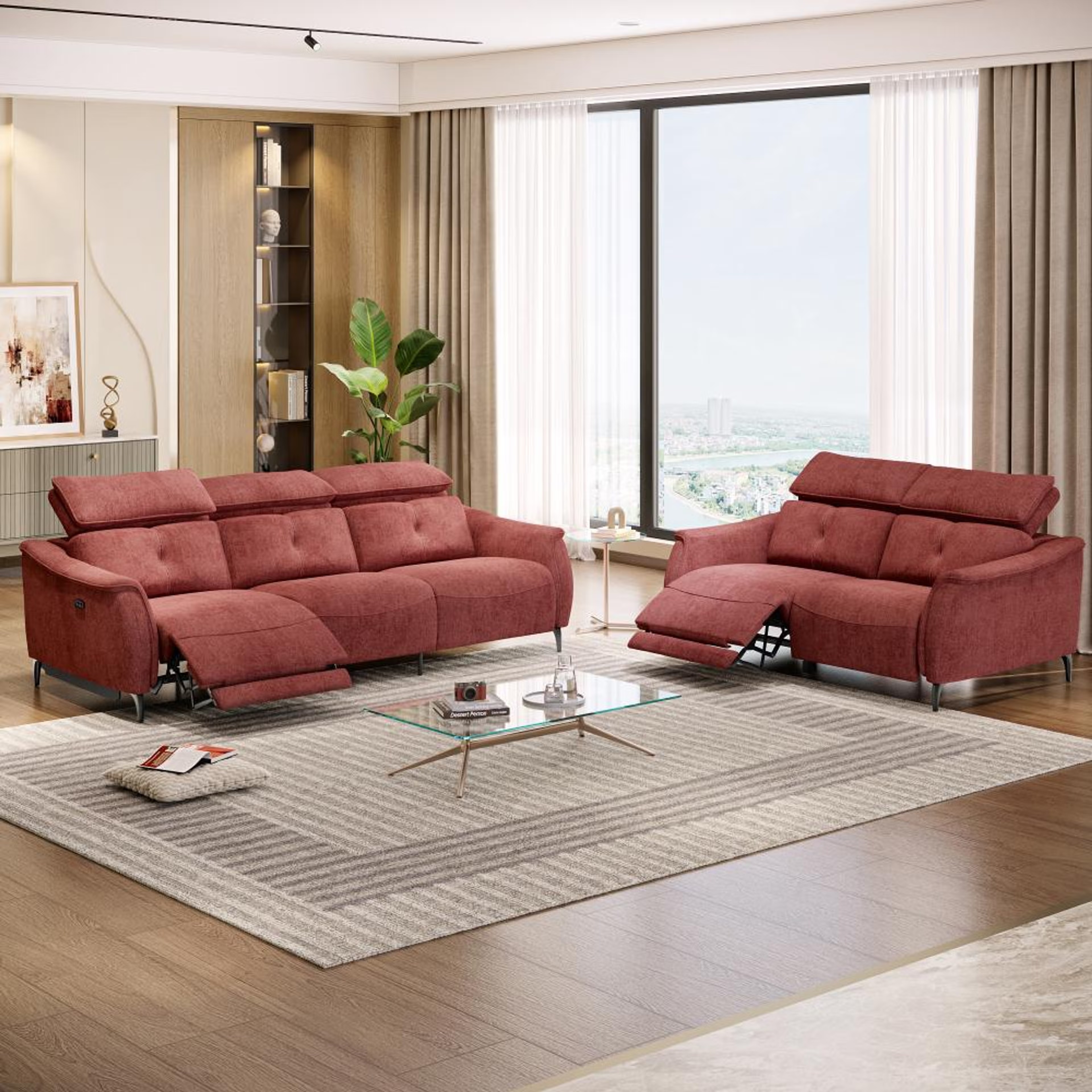 Home 39 Wakefit Curacao With Motion Sofa Set (3+2) Seater Regular, With Motion, Set (3+2 Left Motion), Maroon