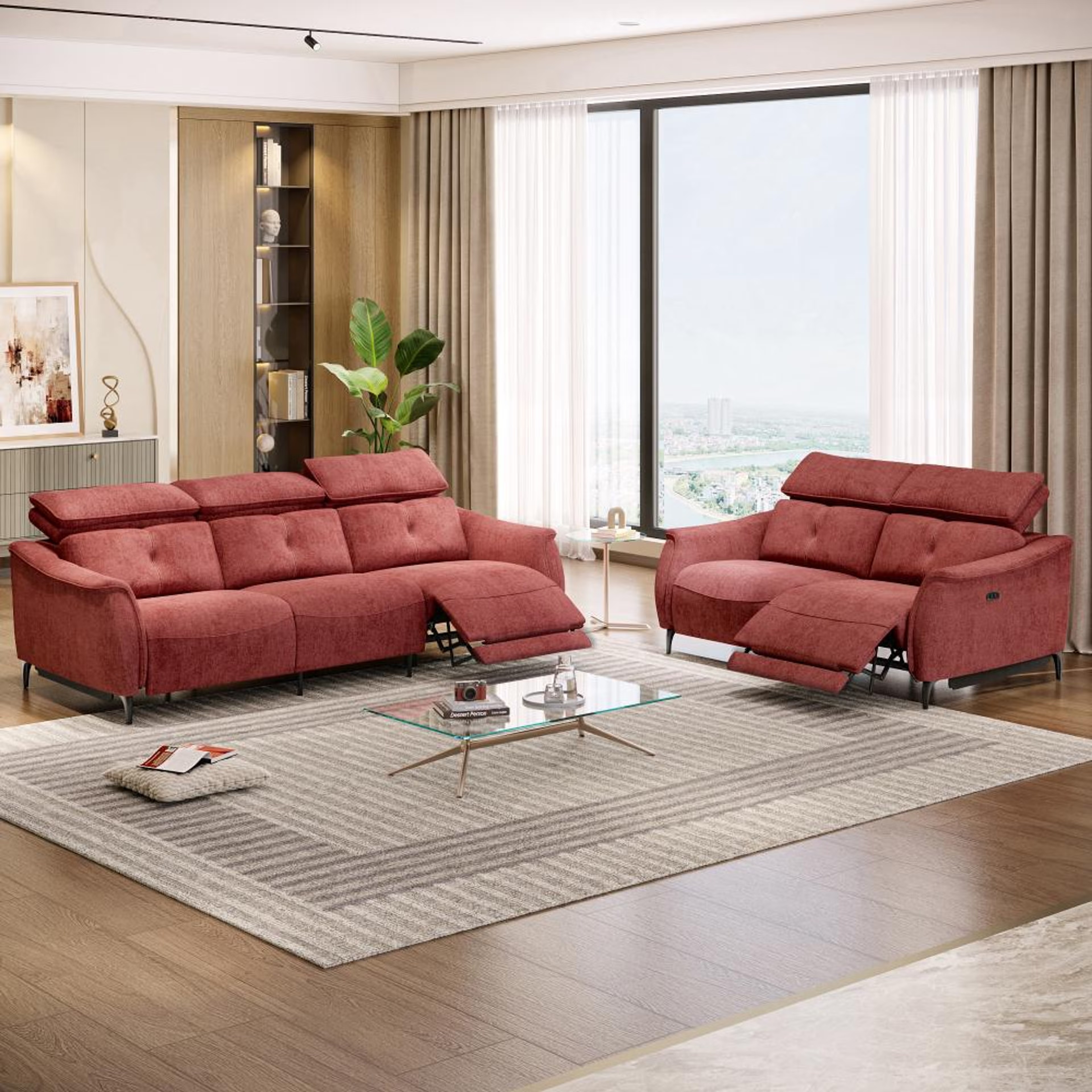 Wakefit Curacao With Motion Sofa Set (3+2) Seater Regular, With Motion, Set (3+2 Right Motion), Maroon
