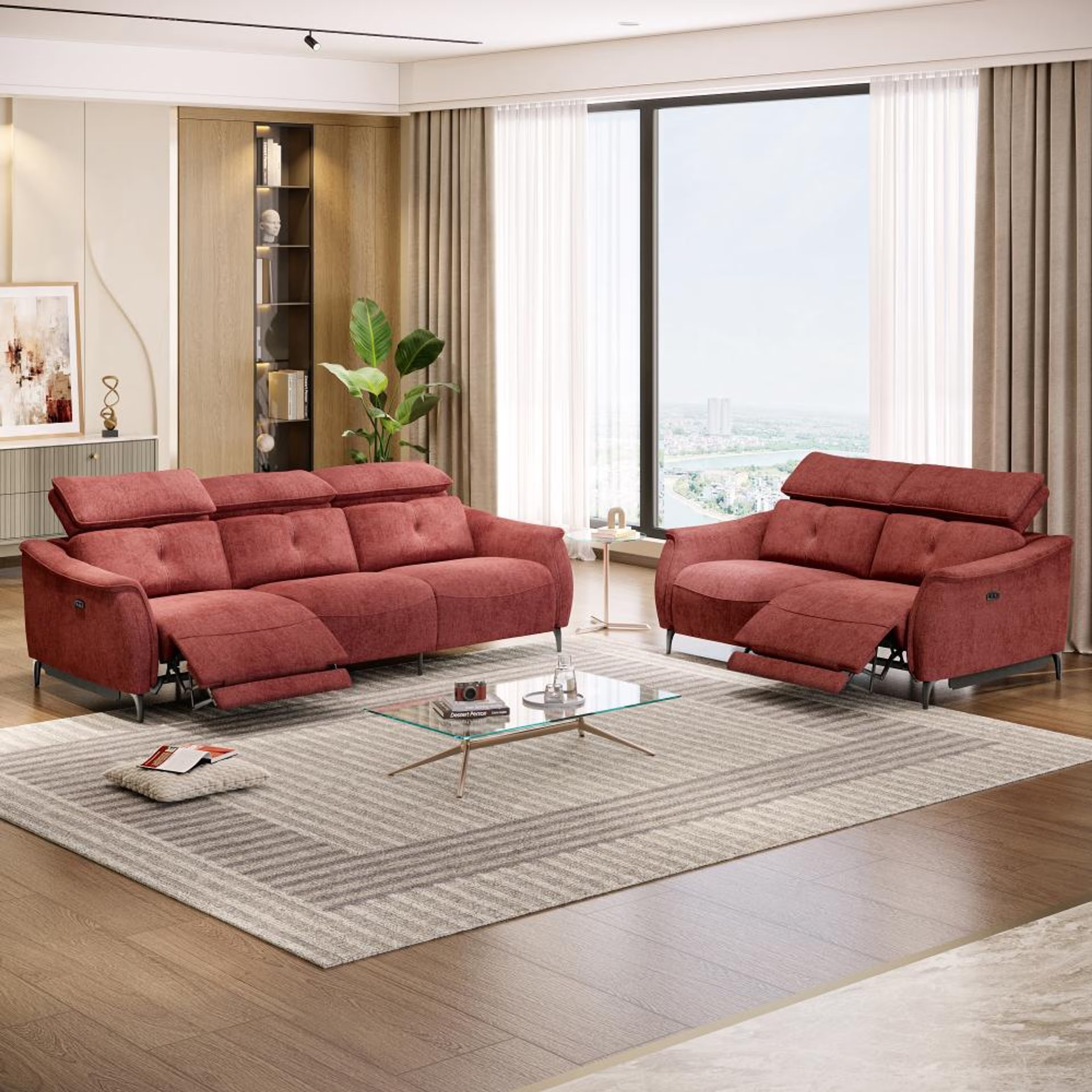 Wakefit Curacao With Motion Sofa Set (3+2) Seater Regular, With Motion, Set (3 Left + 2 Right Seater), Maroon