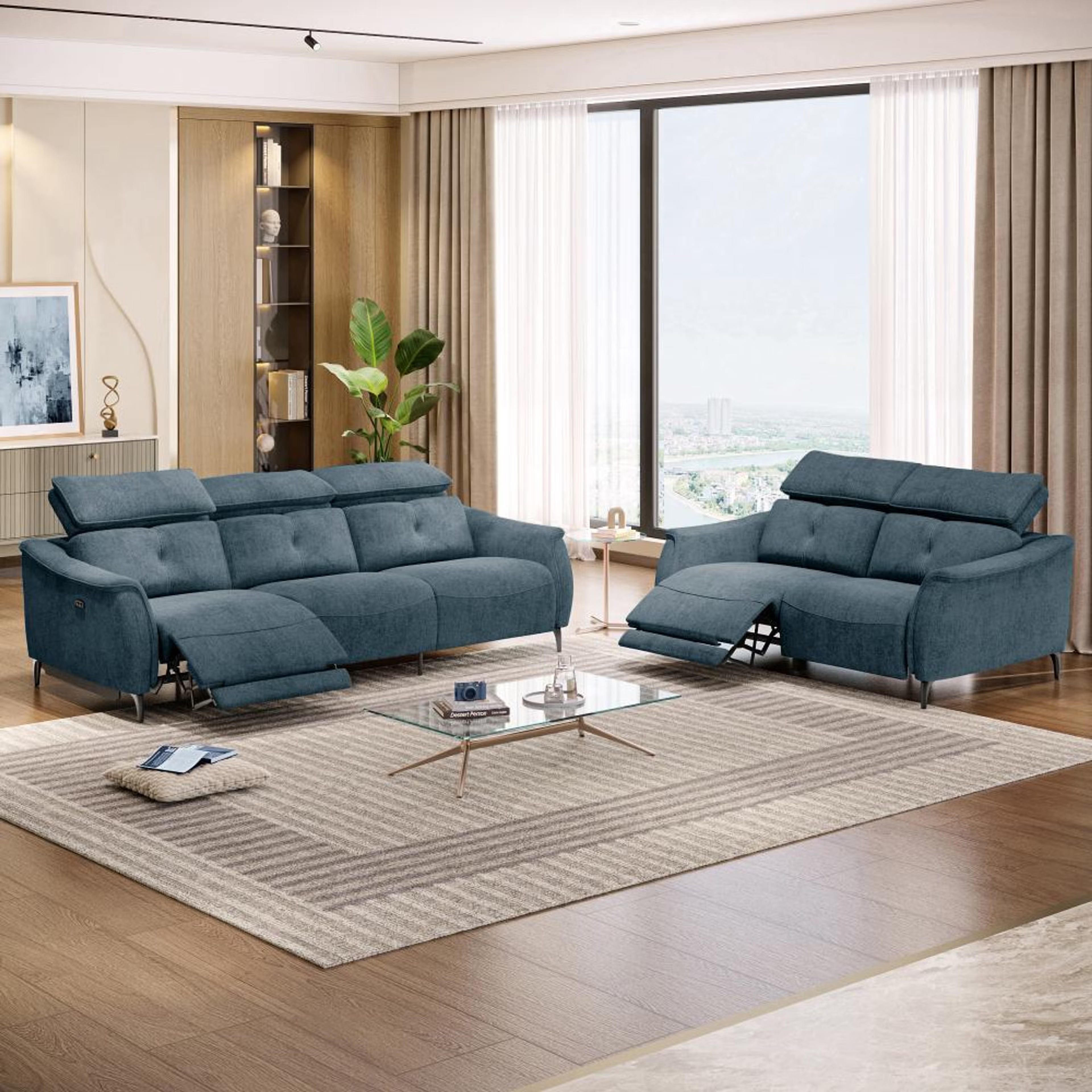 Wakefit Curacao With Motion Sofa Set (3+2) Seater Regular, With Motion, Set (3+2 Left Motion), Blue