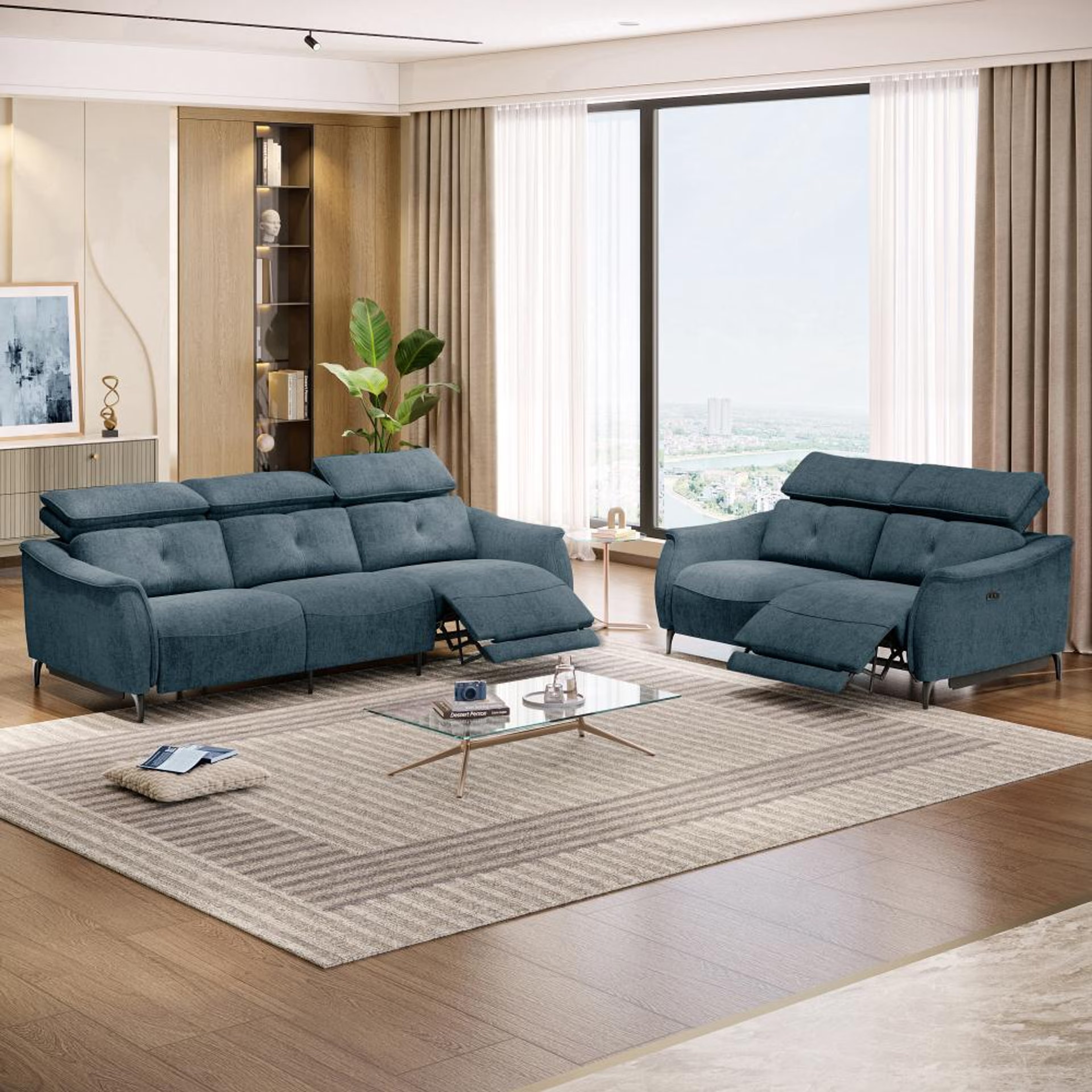 Home 42 Wakefit Curacao With Motion Sofa Set (3+2) Seater Regular, With Motion, Set (3+2 Right Motion), Blue