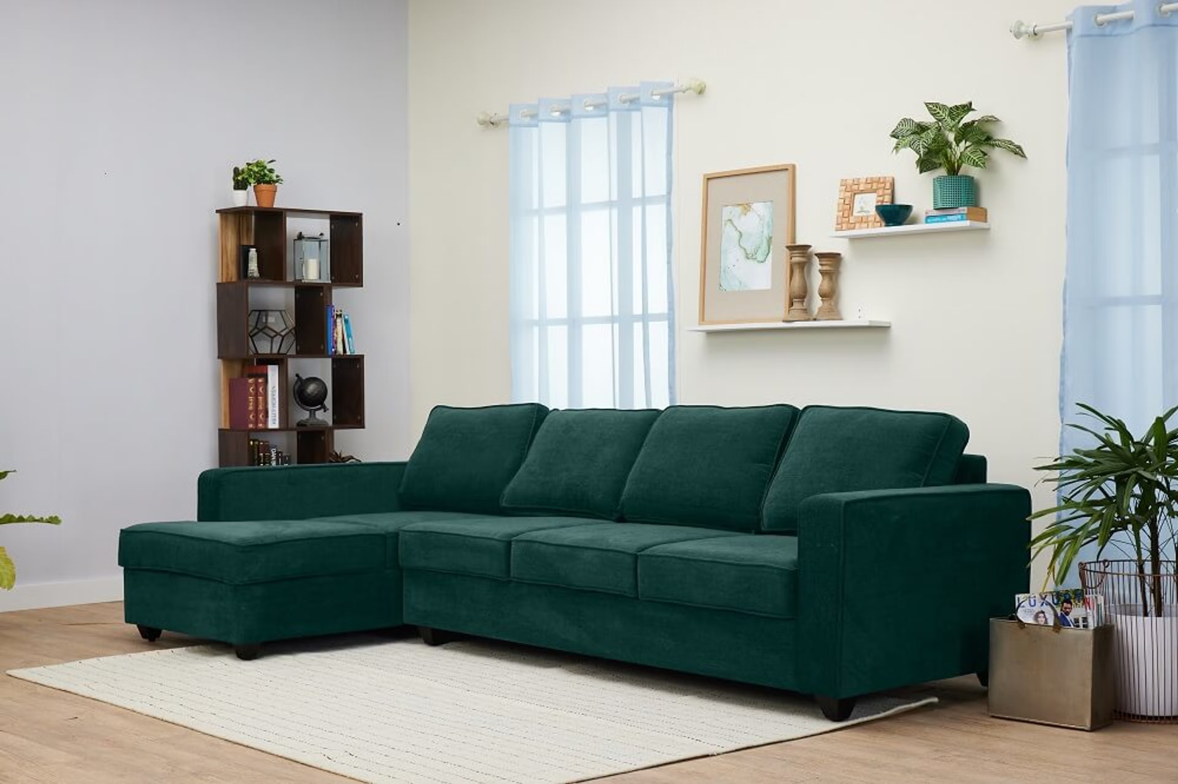 Wakefit Napper L Shape Sofa Set (3 Seater + Left Aligned Chaise) Sectional, Without Storage, 3 + Left Aligned Chaise, Malibu Green
