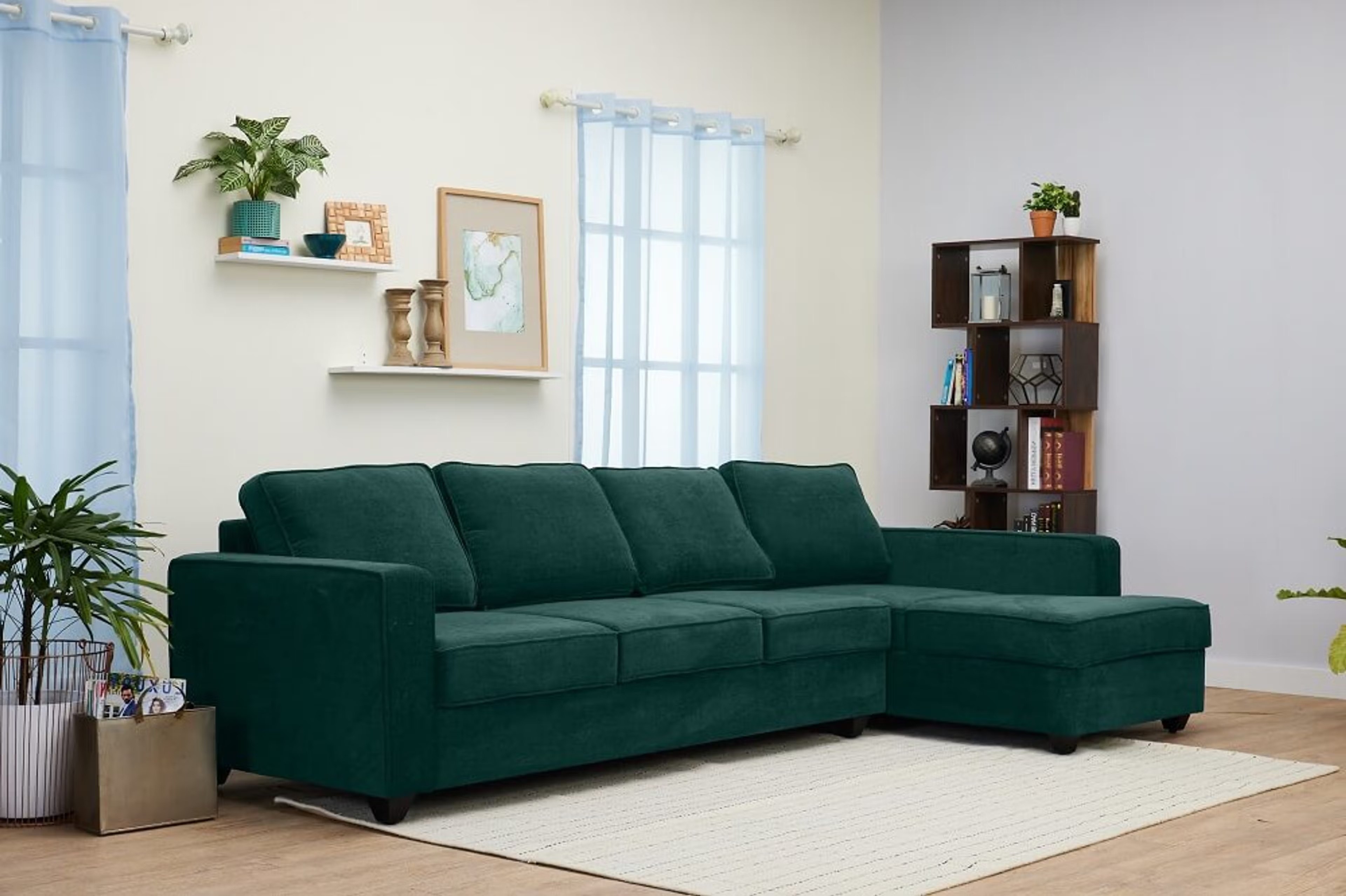 Wakefit Napper L Shape Sofa Set (3 Seater + Right Aligned Chaise) Sectional, Without Storage, 3 + Right Aligned Chaise, Malibu Green