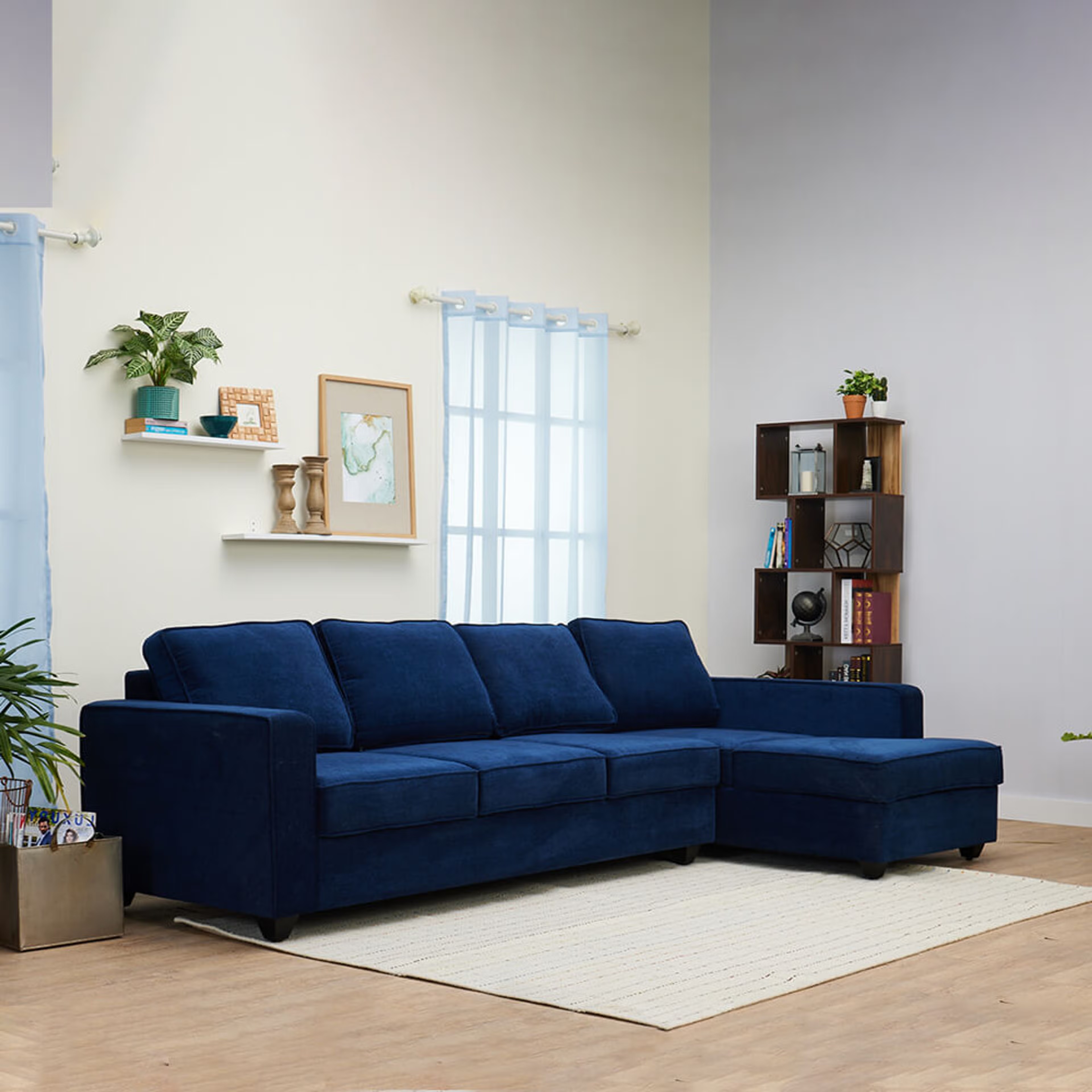 Wakefit Napper L Shape Sofa Set (3 Seater + Right Aligned Chaise) Sectional, Without Storage, 3 + Right Aligned Chaise, Cobalt Blue