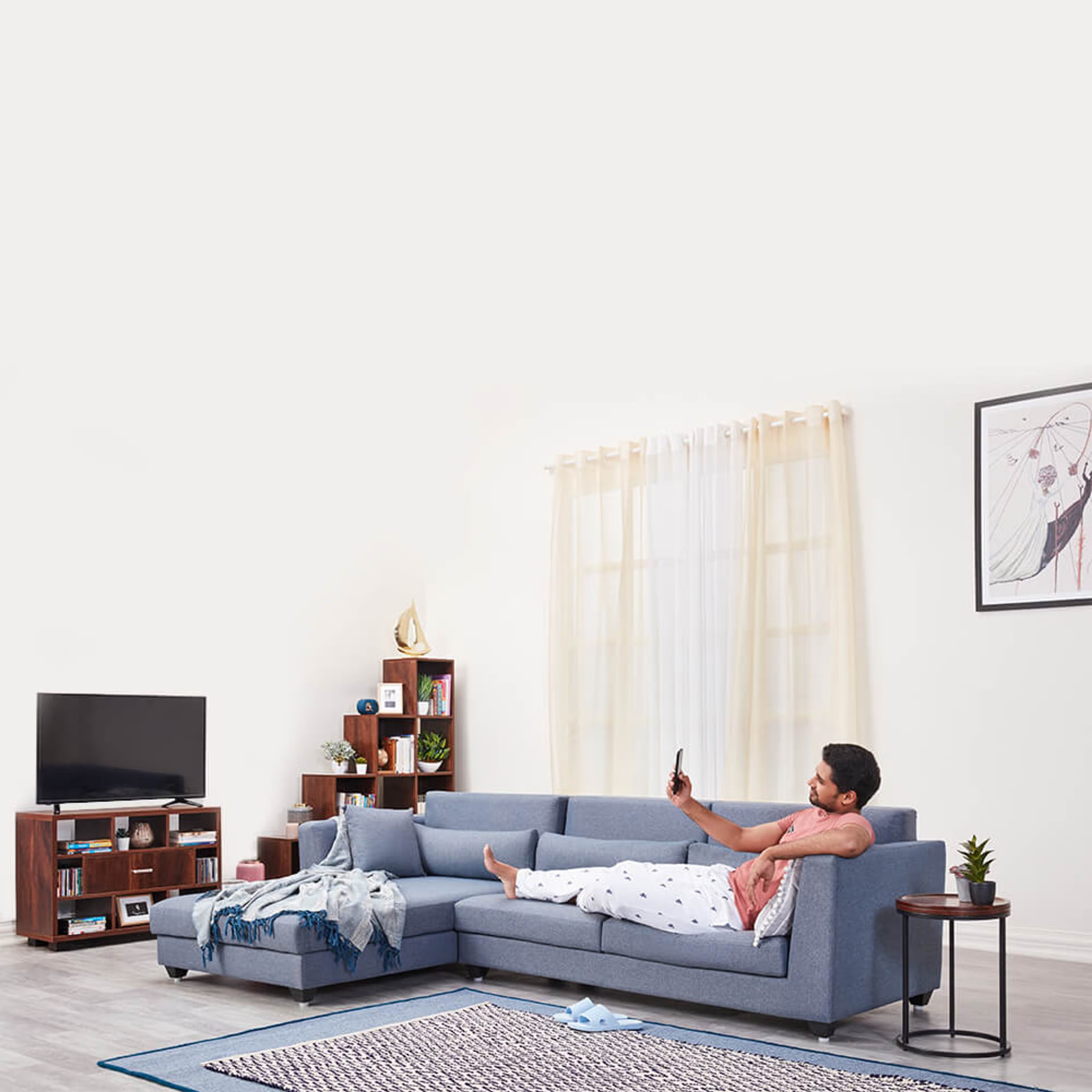 Wakefit SnoozePro L Shape Sofa Set (3 Seater + Left Aligned Chaise) Sectional, Set (3 Seater + Left Aligned Chaise), Omega Blue
