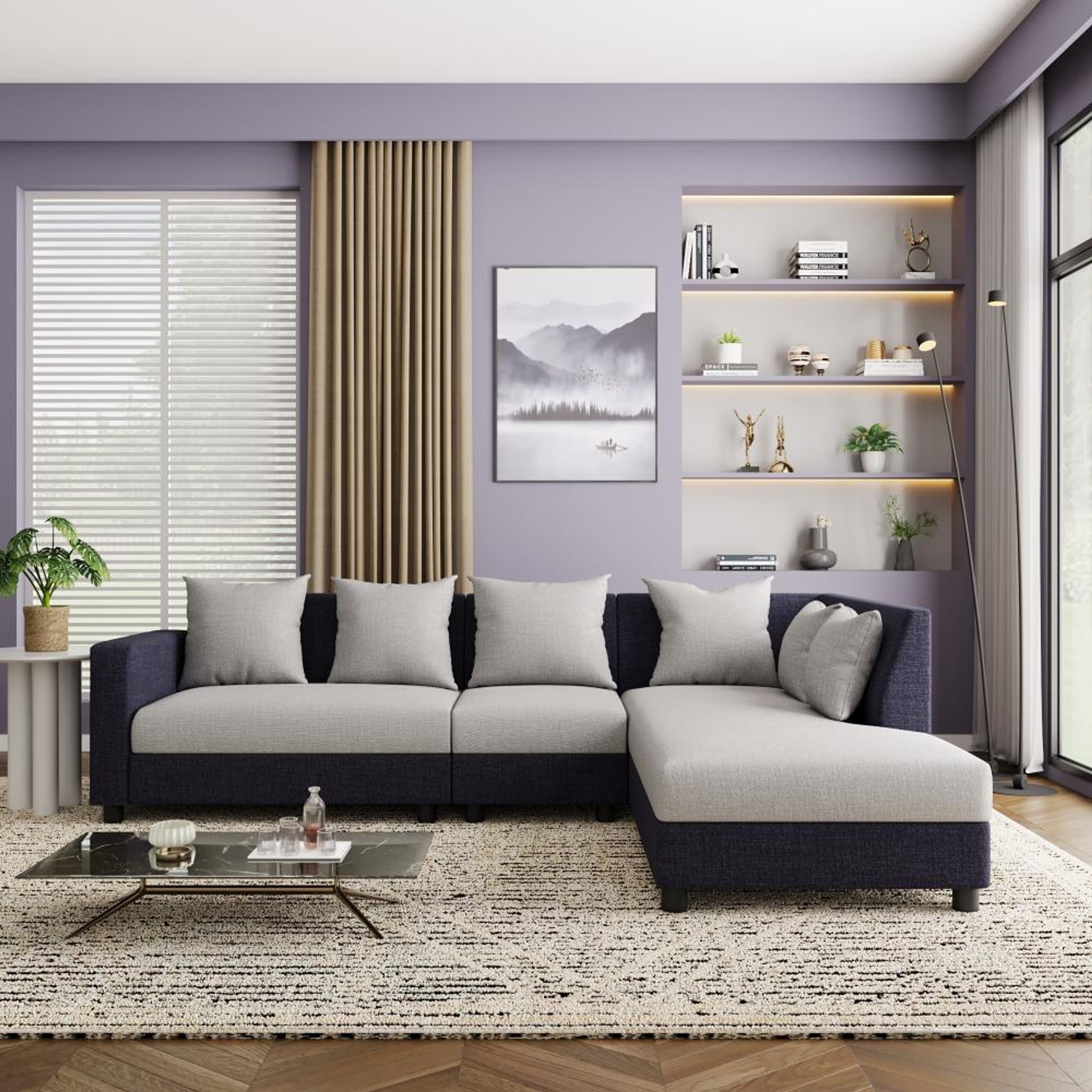 Wakefit Skiver L Shape 6 Seater Sofa Set (3 Seater + Right Aligned Chaise) Sectional, Set (3 Seater + Right Aligned Chaise), Purple Grey & Cloud Grey