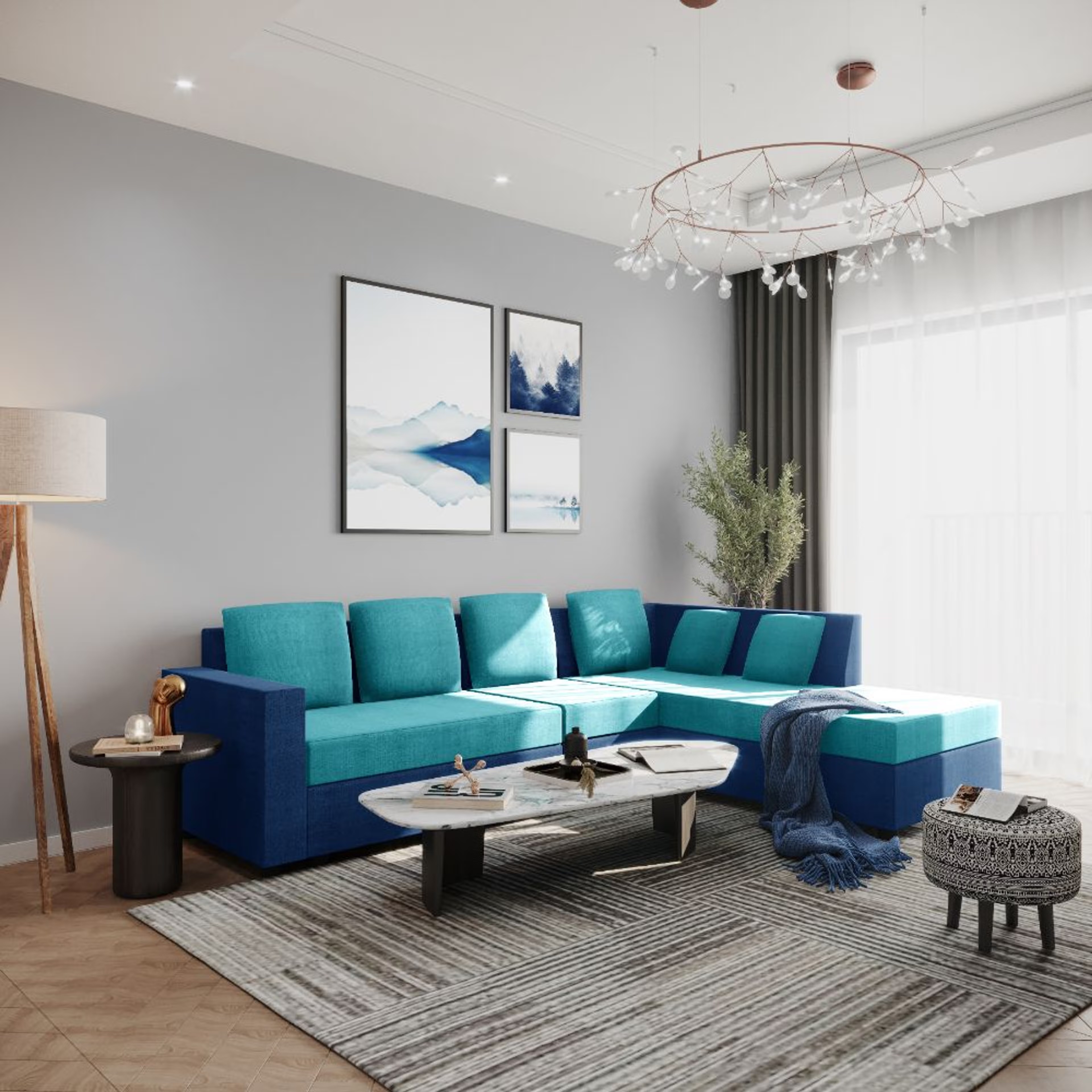 Wakefit Skiver L Shape 6 Seater Sofa Set (3 Seater + Right Aligned Chaise) Sectional, Set (3 Seater + Right Aligned Chaise), Dark Blue & Sky Green