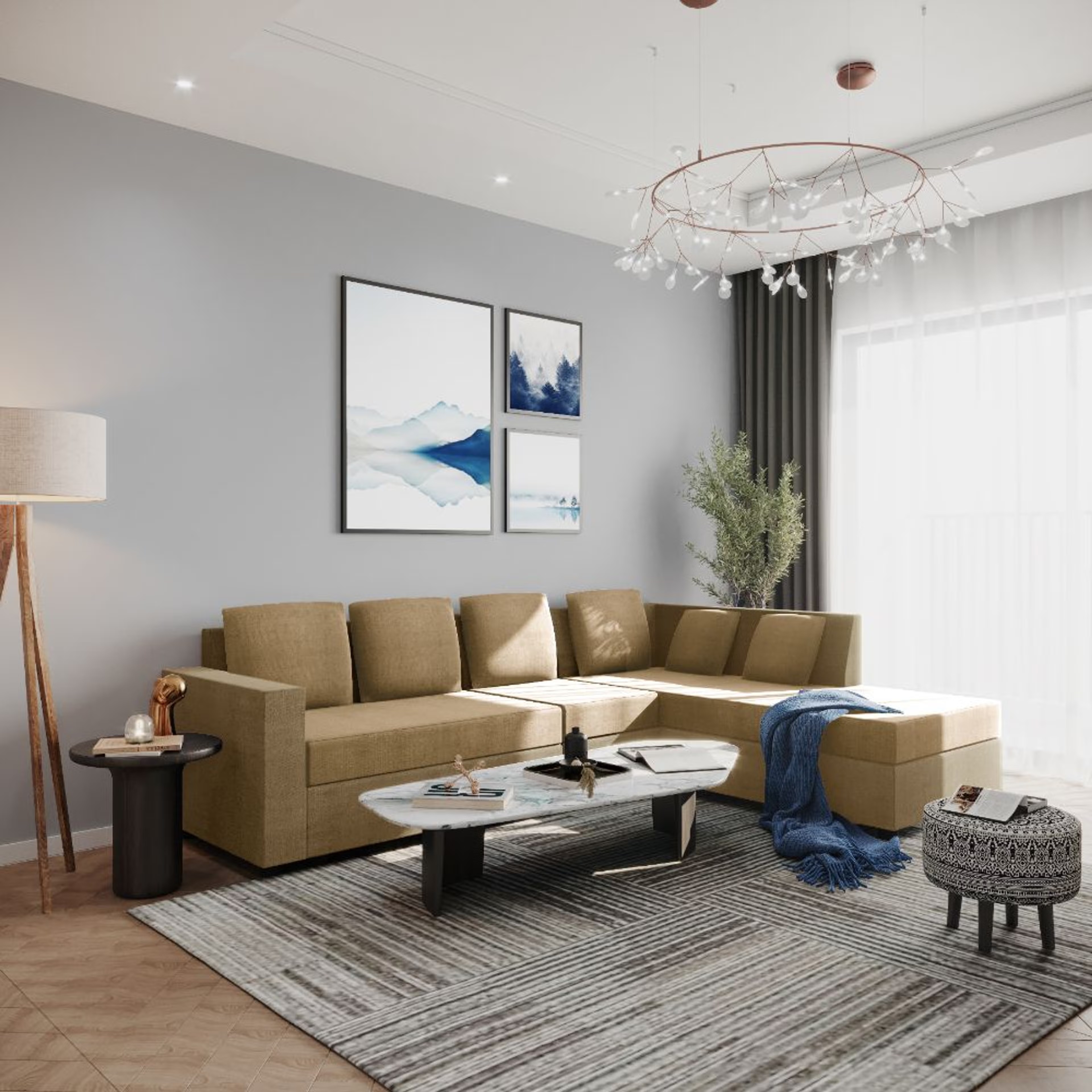 Wakefit Skiver L Shape 6 Seater Sofa Set (3 Seater + Right Aligned Chaise) Sectional, Set (3 Seater + Right Aligned Chaise), Amphora Brown