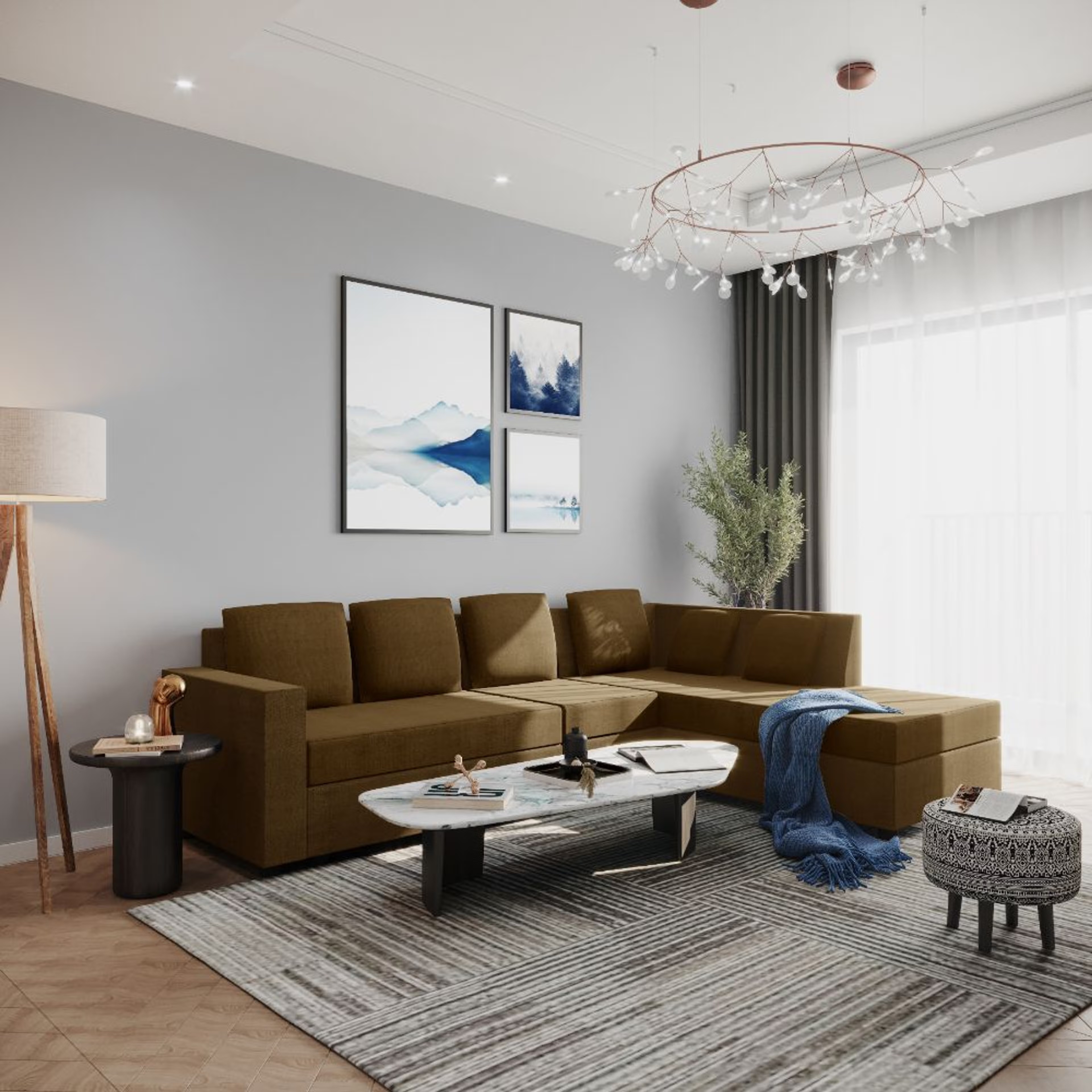 Home 44 Wakefit Skiver L Shape 6 Seater Sofa Set (3 Seater + Right Aligned Chaise) Sectional, Set (3 Seater + Right Aligned Chaise), Toffee Brown