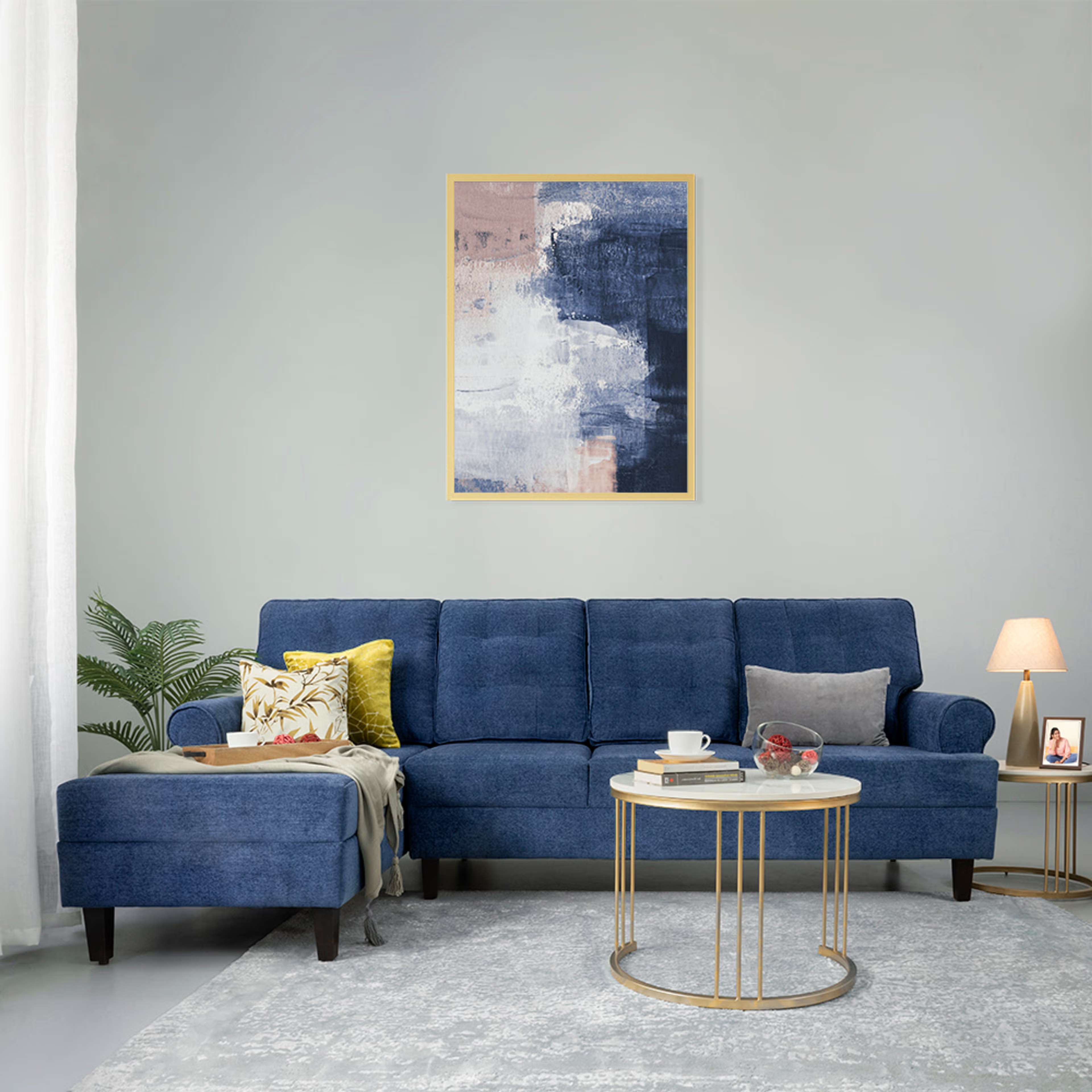 Wakefit Dreamer L Shape Sofa Set (3 Seater + Left Aligned Chaise) Sectional, 3 + Left Aligned Chaise, Malphino Cobalt Blue
