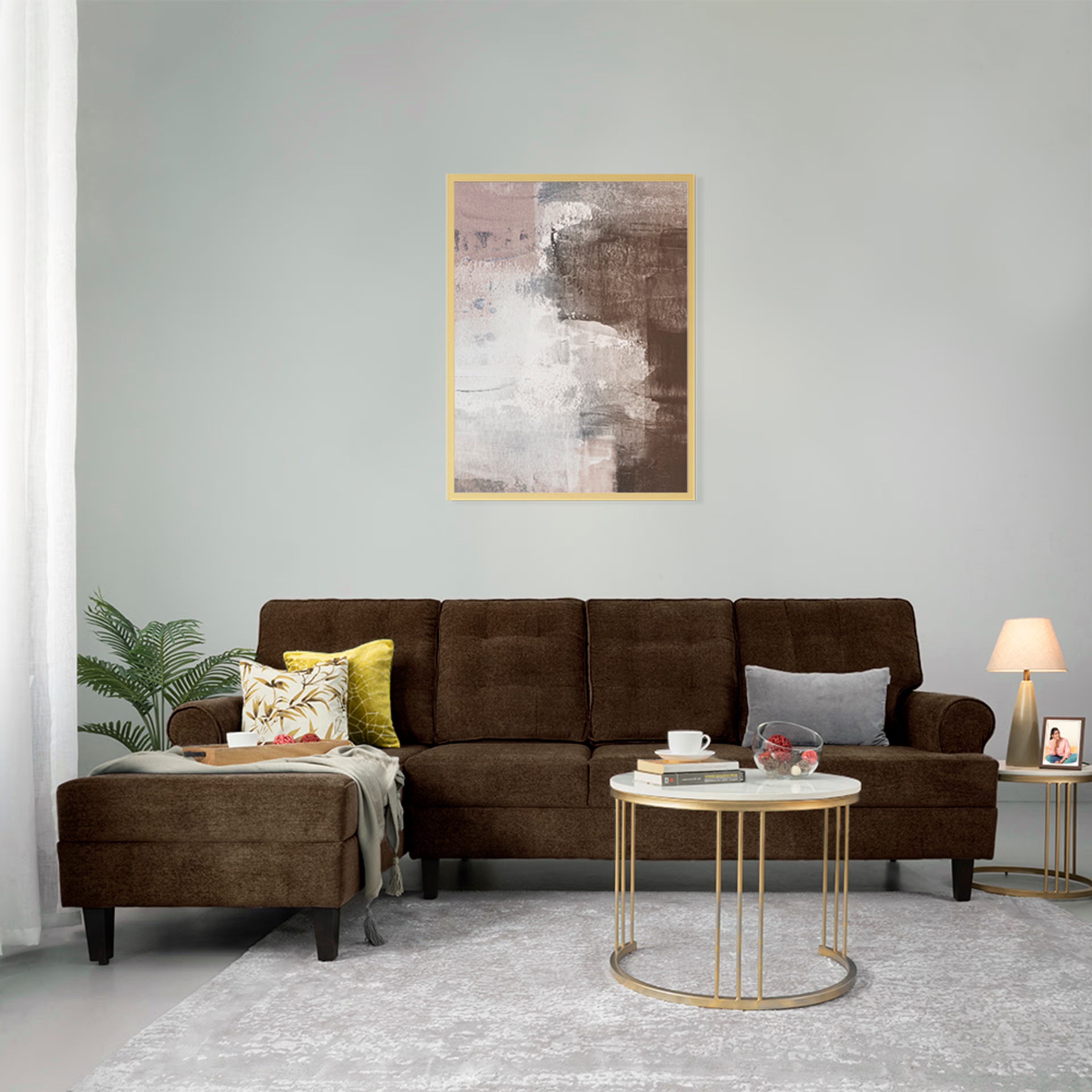Wakefit Dreamer L Shape Sofa Set (3 Seater + Left Aligned Chaise) Sectional, 3 + Left Aligned Chaise, Malphino Dark Earth