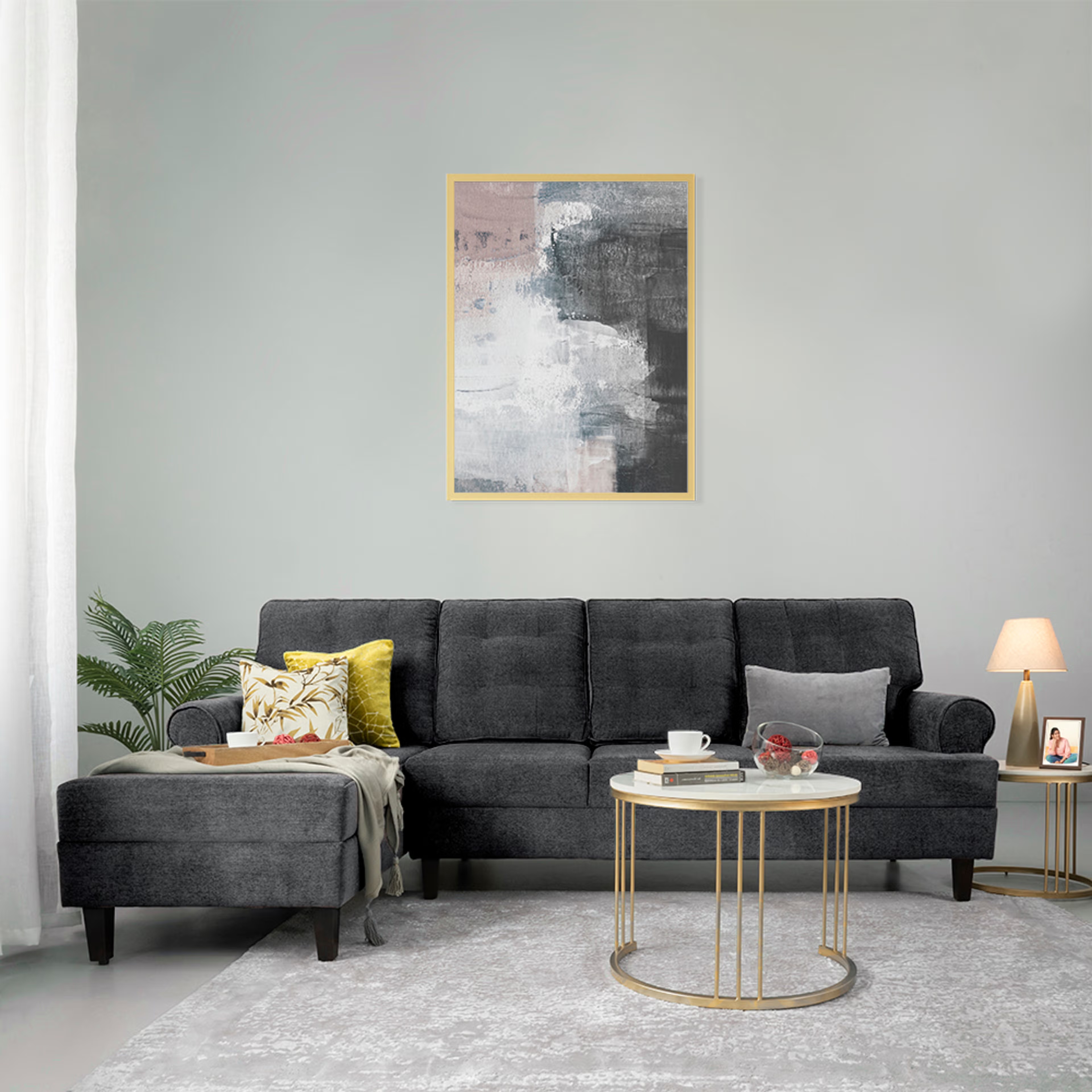 Wakefit Dreamer L Shape Sofa Set (3 Seater + Left Aligned Chaise) Sectional, 3 + Left Aligned Chaise, Malphino Smoke Grey