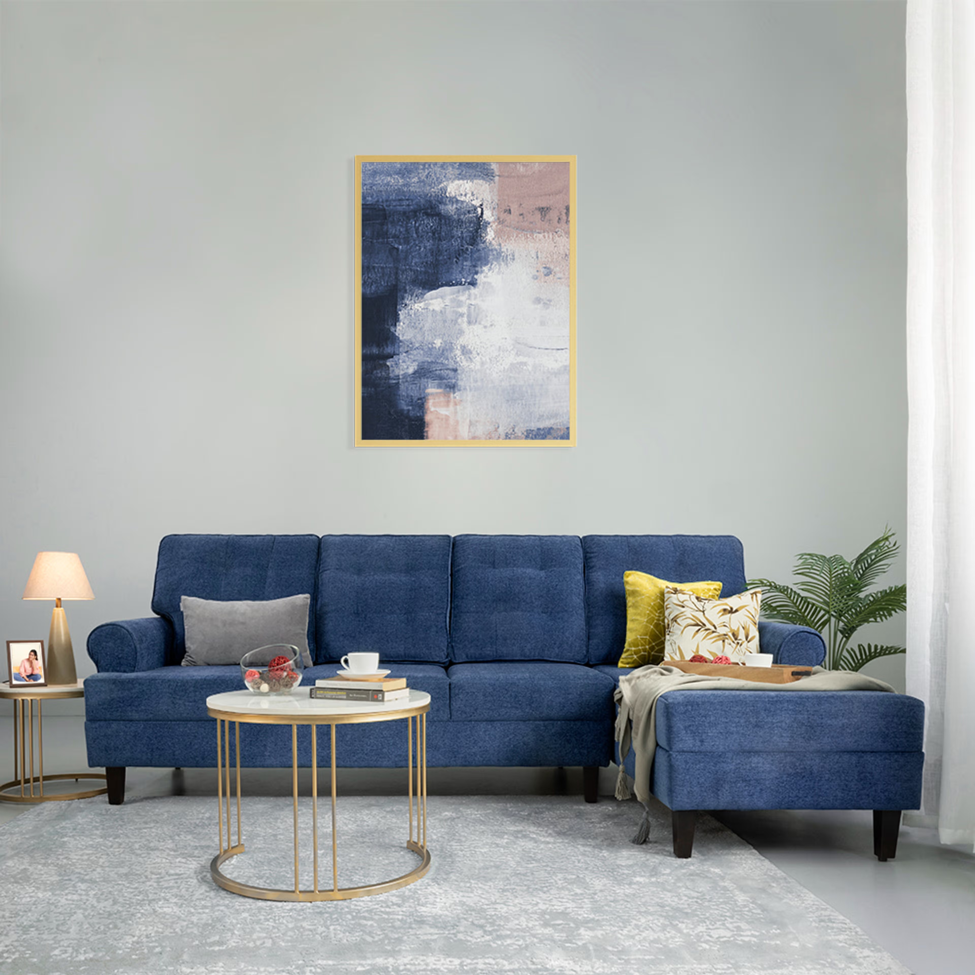 Wakefit Dreamer L Shape Sofa Set (3 Seater + Right Aligned Chaise) Sectional, 3 + Right Aligned Chaise, Malphino Cobalt Blue